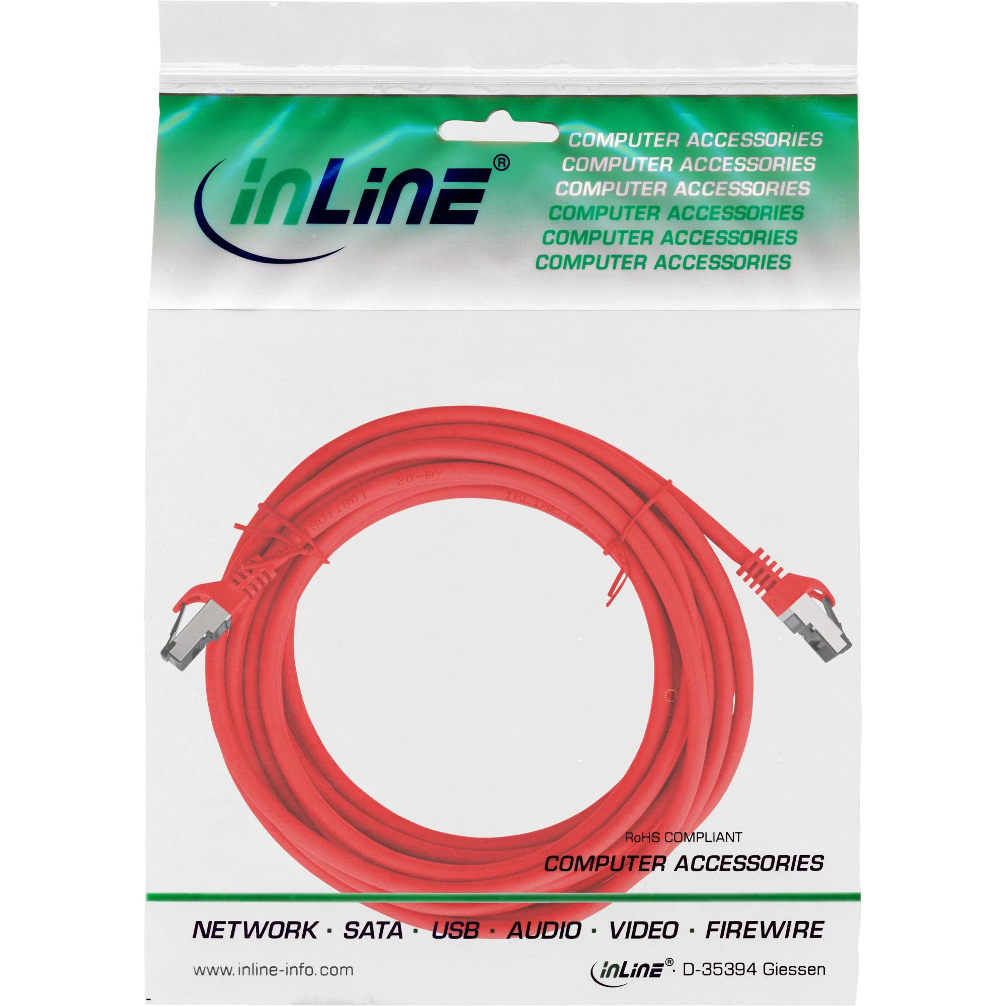InLine® Komutacinis kabelis S/FTP PiMF Cat.8.1 be halogenų 2000MHz raudonas 10m