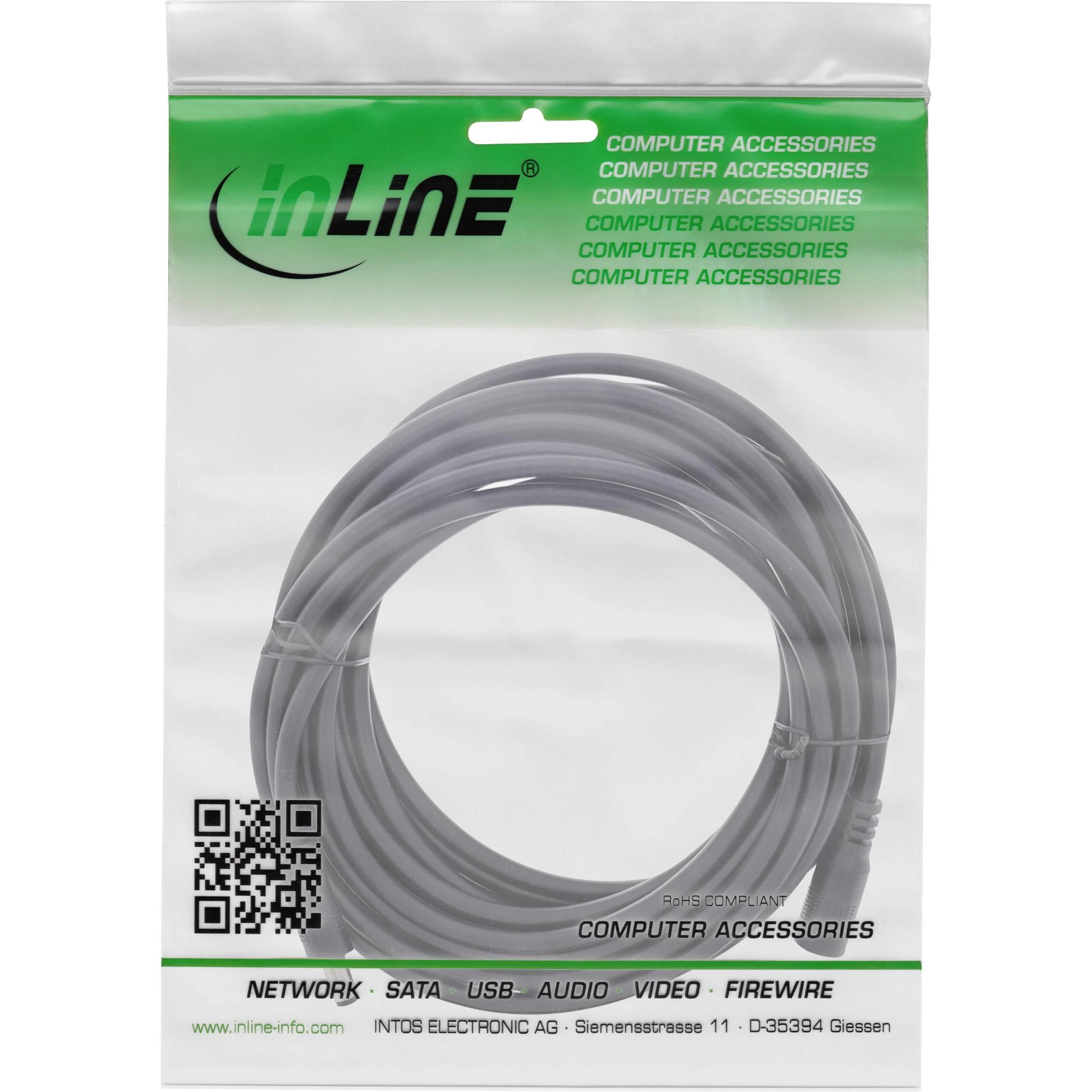Kabelis zasilający InLine® DC extension cable, DC plug male/female 5.5x2.1mm, AWG 18, juodas, 5m
