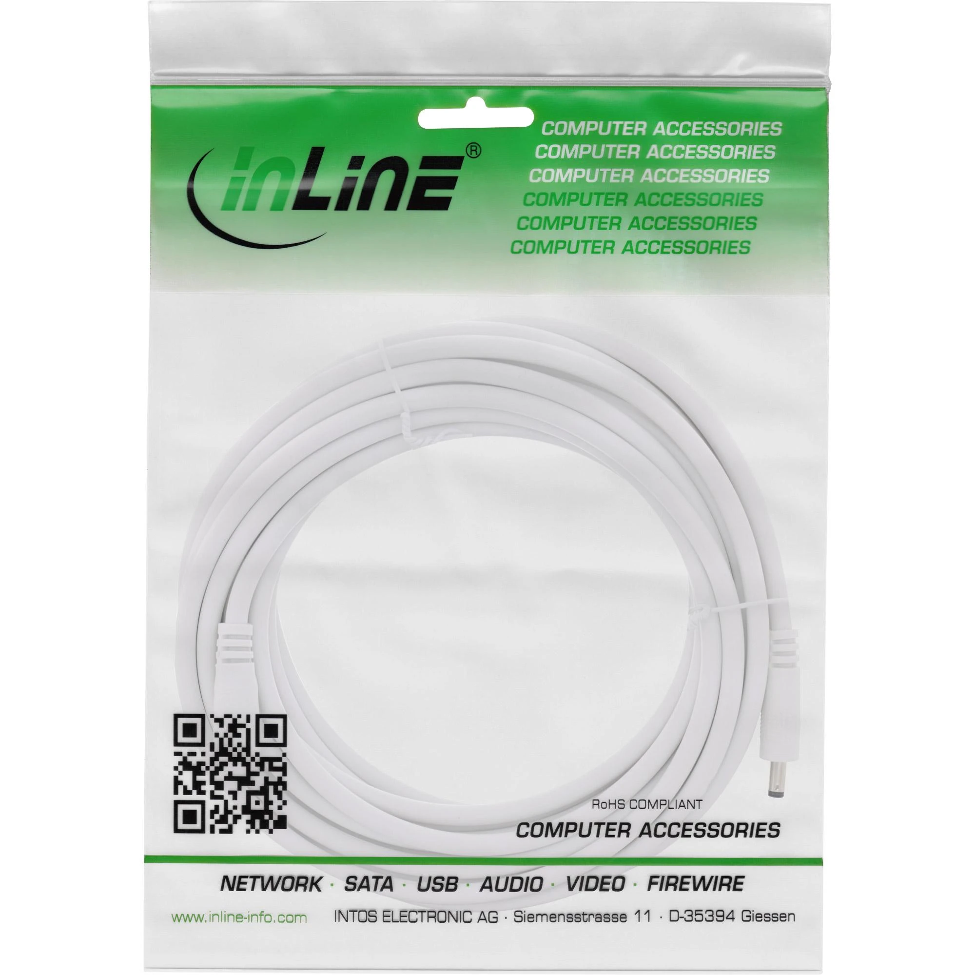 Maitinimo kabelis InLine ® Nuolatinės srovės lizdas, nuolatinės srovės kištukas, 4.0x1.7mm, AWG 18, baltas, 5m