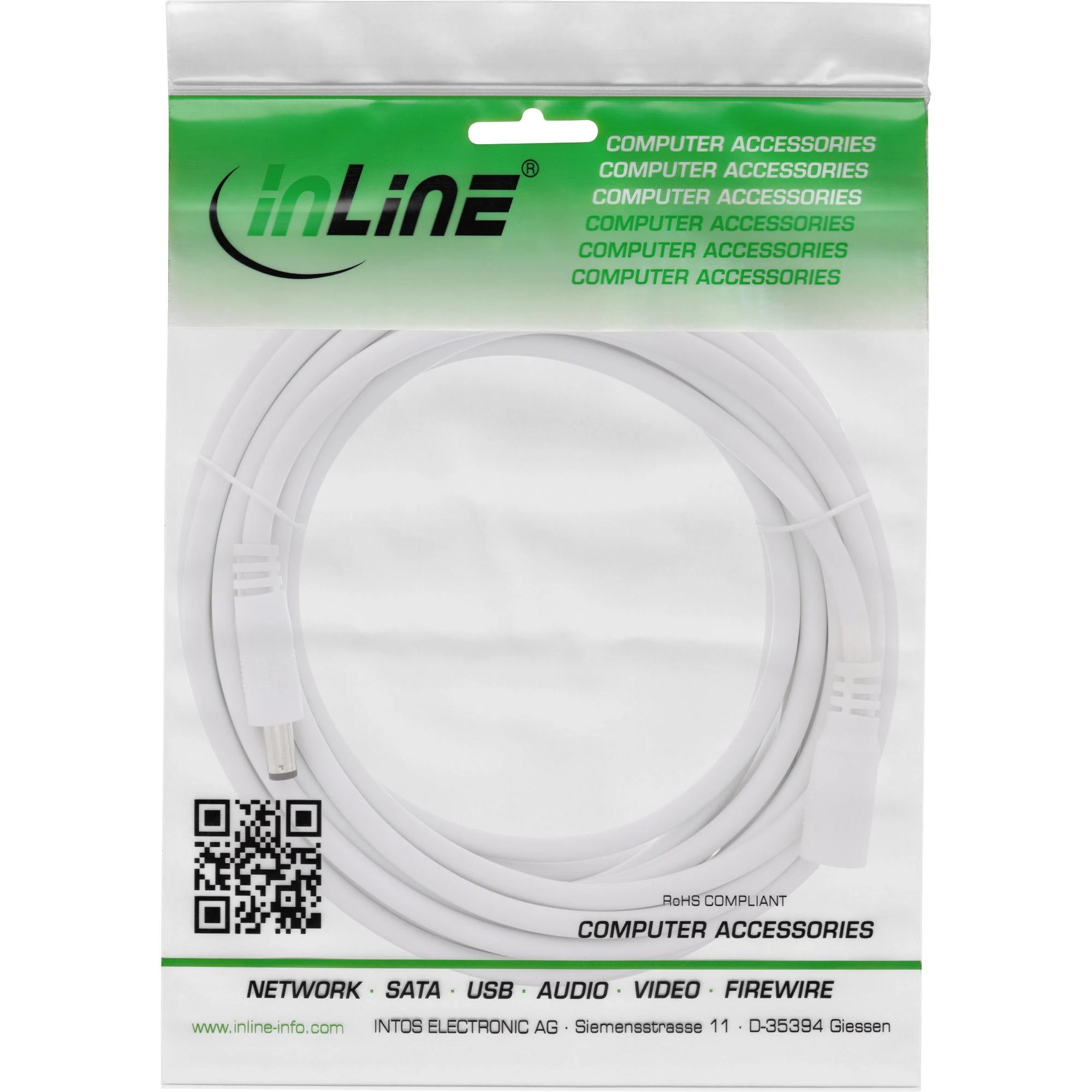 InLine Maitinimo kabelis ® nuolatinės srovės ilgintuvas, nuolatinės srovės kištukas, 5,5x2,5 mm, AWG 18, baltas, 5 m