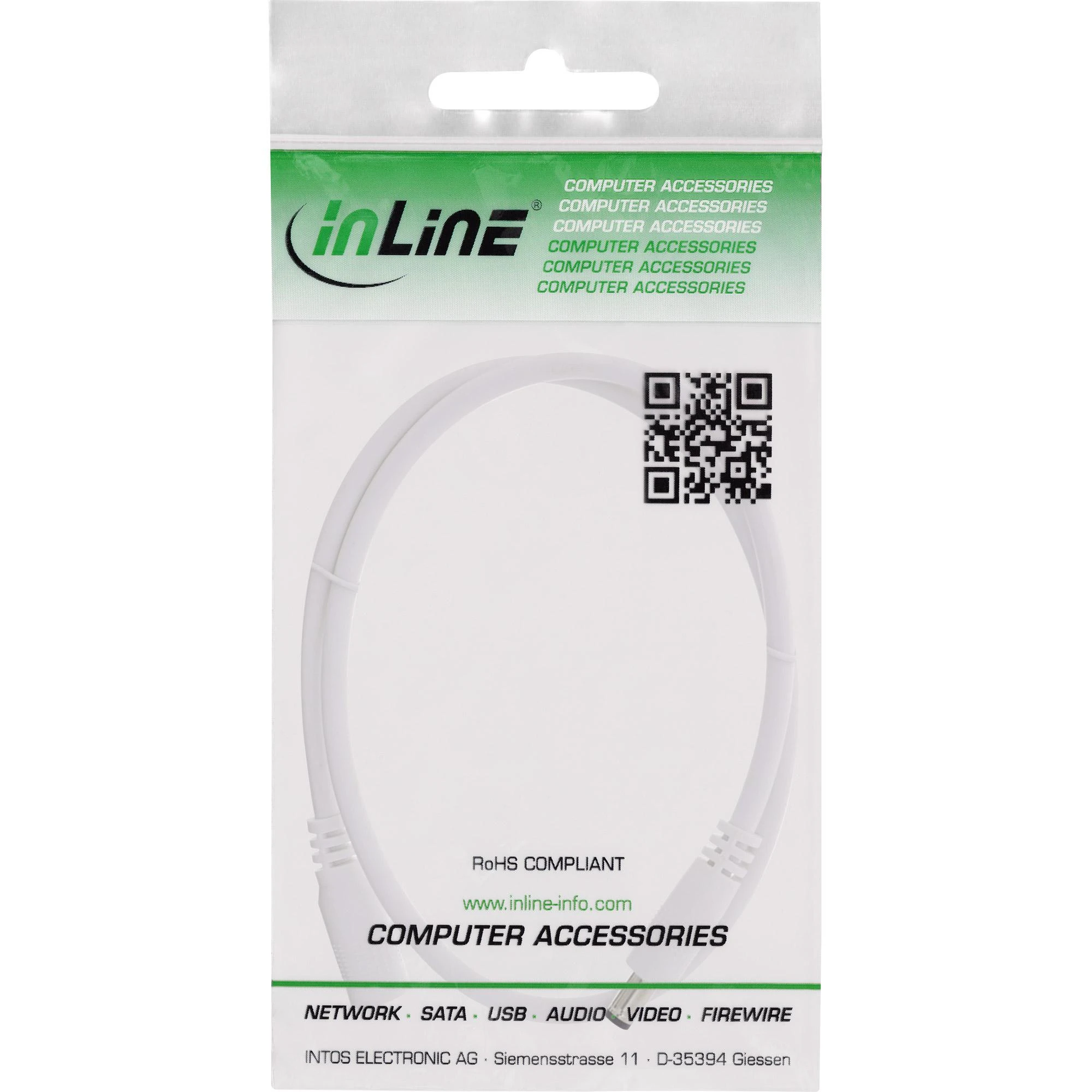Maitinimo kabelis InLine ® Nuolatinės srovės išplėtimo kabelis, nuolatinės srovės kištukinis lizdas, 5.5x2.5mm, AWG 18, baltas, 2m