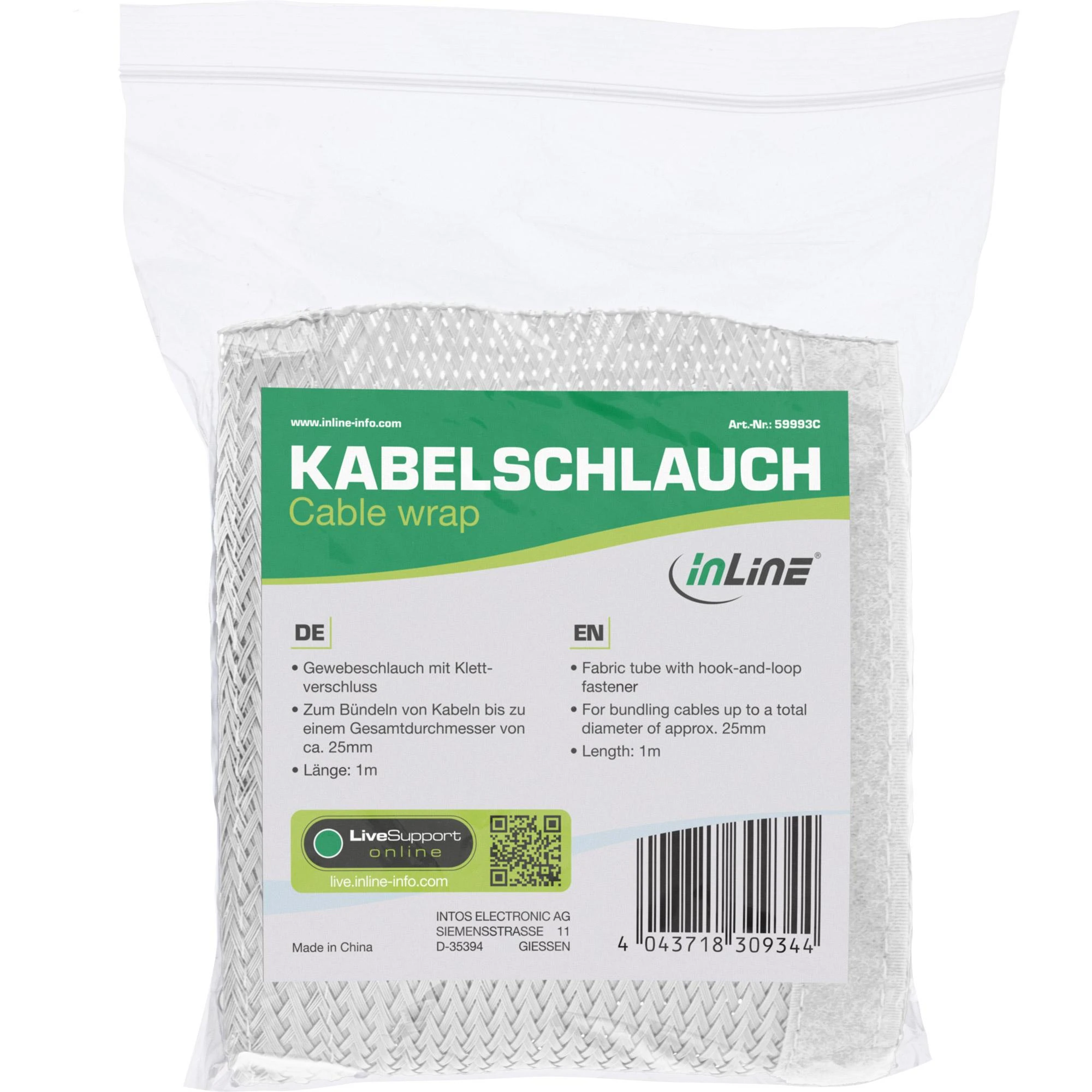 Organizatorius InLine® Kabelio apvyniojimas, medžiaginė žarna su kabliu ir kilpa, 1m x 25mm skersmuo, baltas