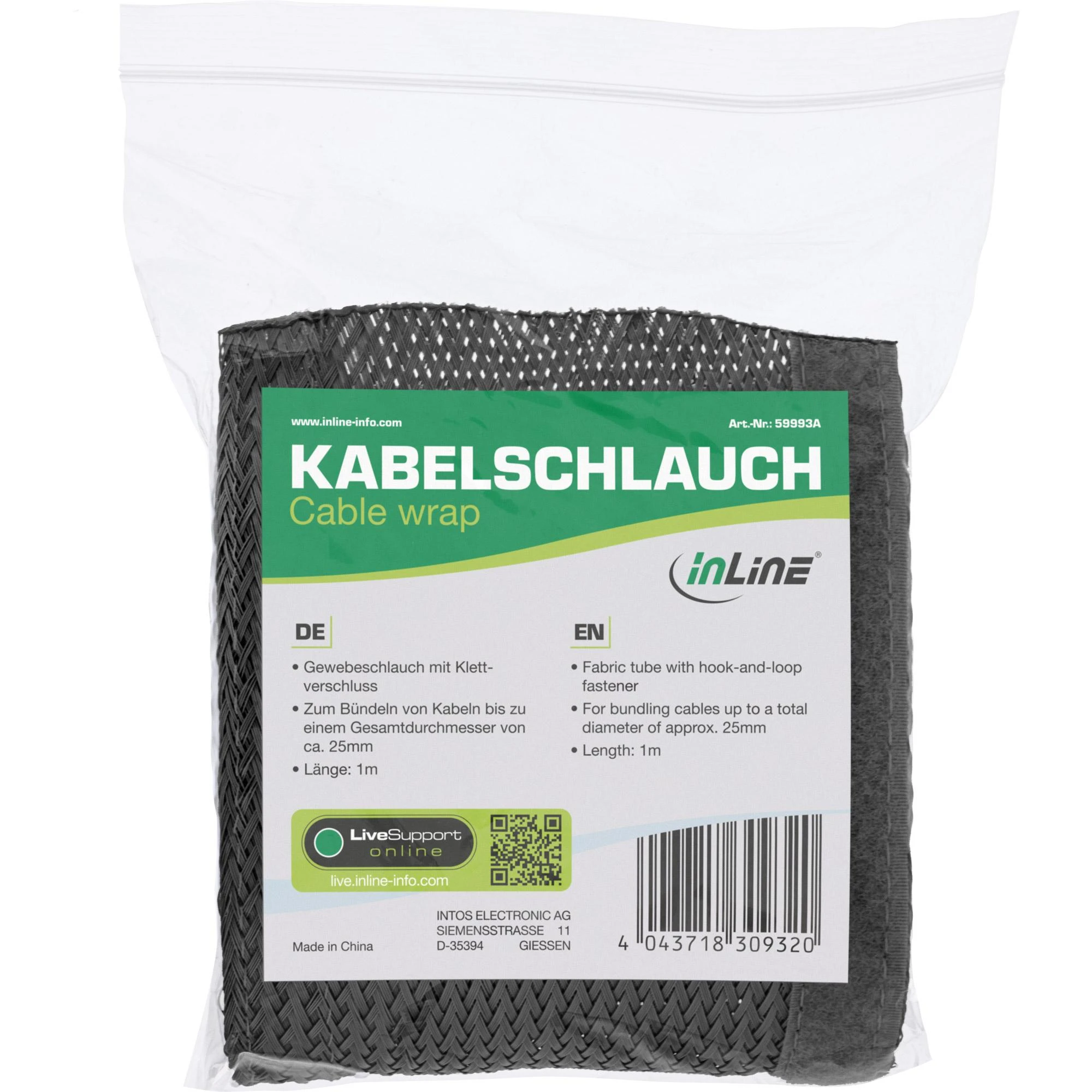 Organizer InLine® Kabelio apvyniojimas, medžiaginė žarna su kabliu ir kilpa, 1m x 25mm skersmuo, juodas