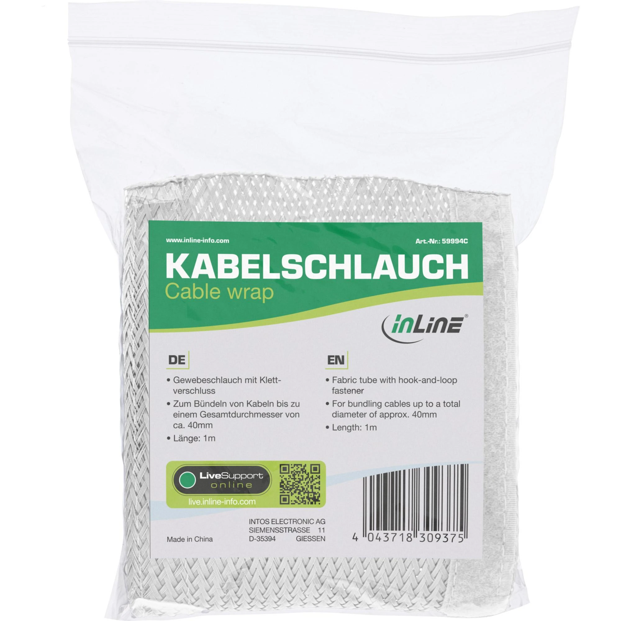 Organizatorius InLine® Kabelio apvyniojimas, medžiaginė žarna su kabliu ir kilpa, 1m x 40mm skersmuo, baltas