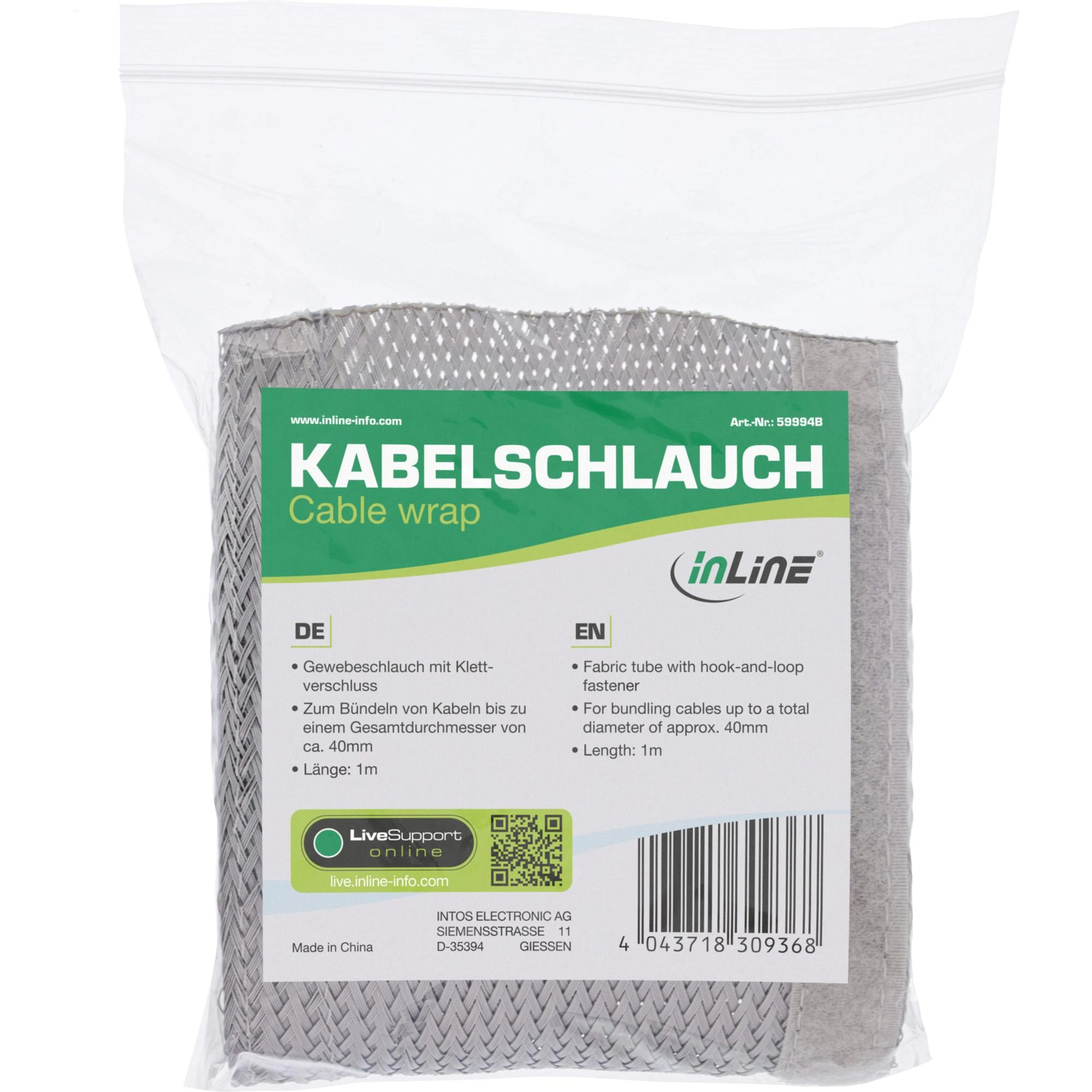 Organizatorius InLine® Kabelio apvyniojimas, medžiaginė žarna su kabliuku ir kilpa, 1m x 40mm skersmuo, pilkas