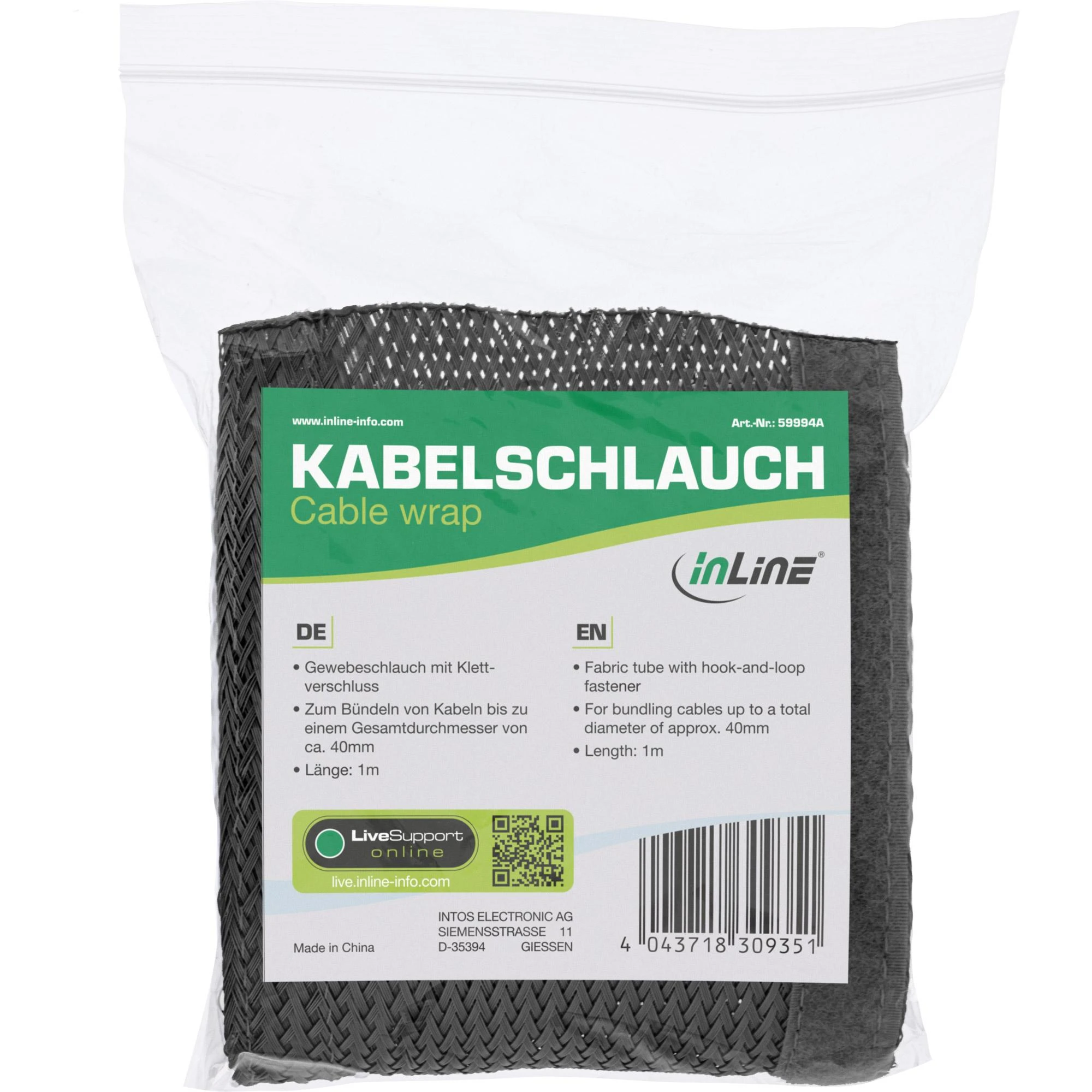 Organizer InLine® Kabelio apvyniojimas, medžiaginė žarna su kabliu ir kilpa, 1m x 40mm skersmuo, juodas