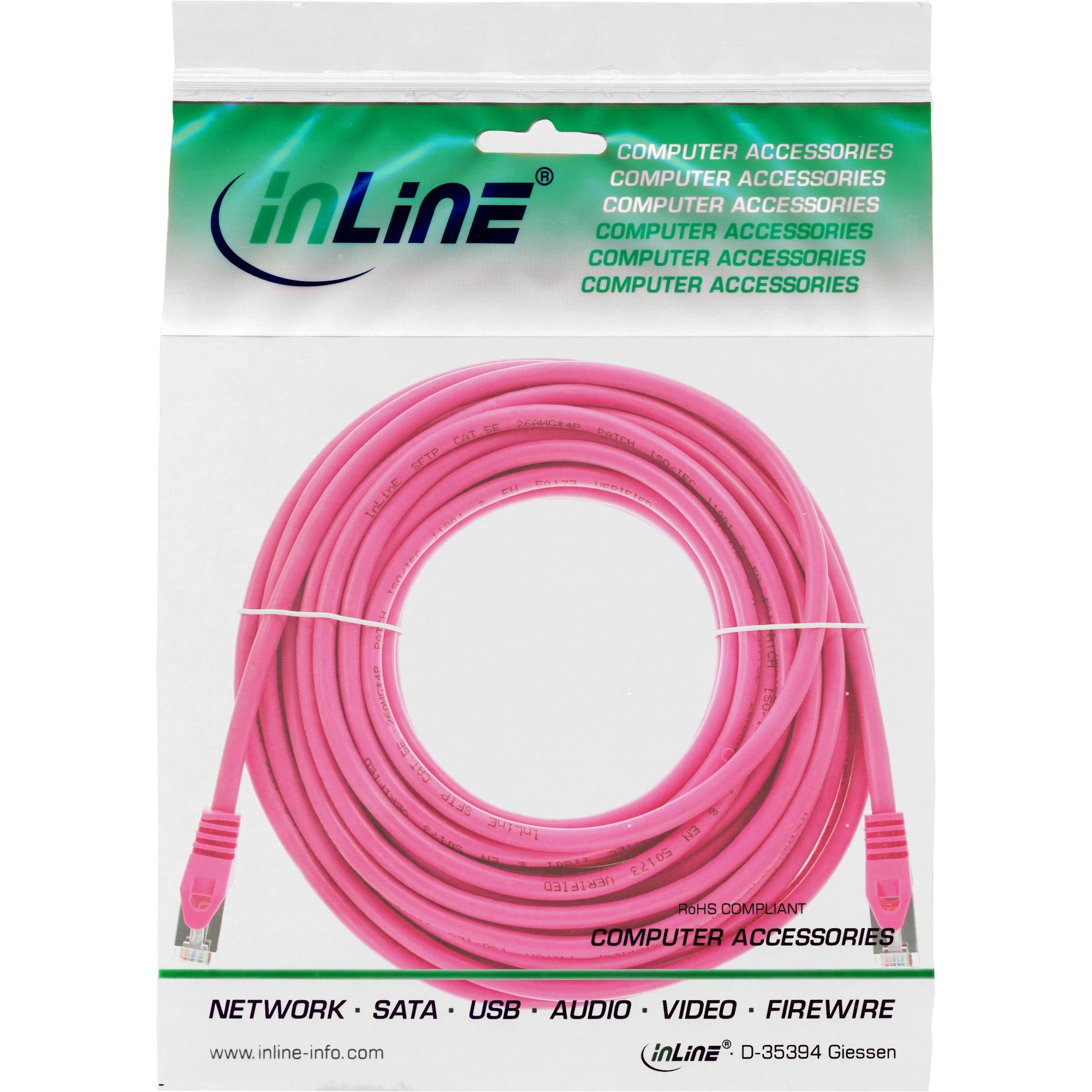 InLine Patchcord SF/UTP, Cat.5e, rožinė 15m (72515M)
