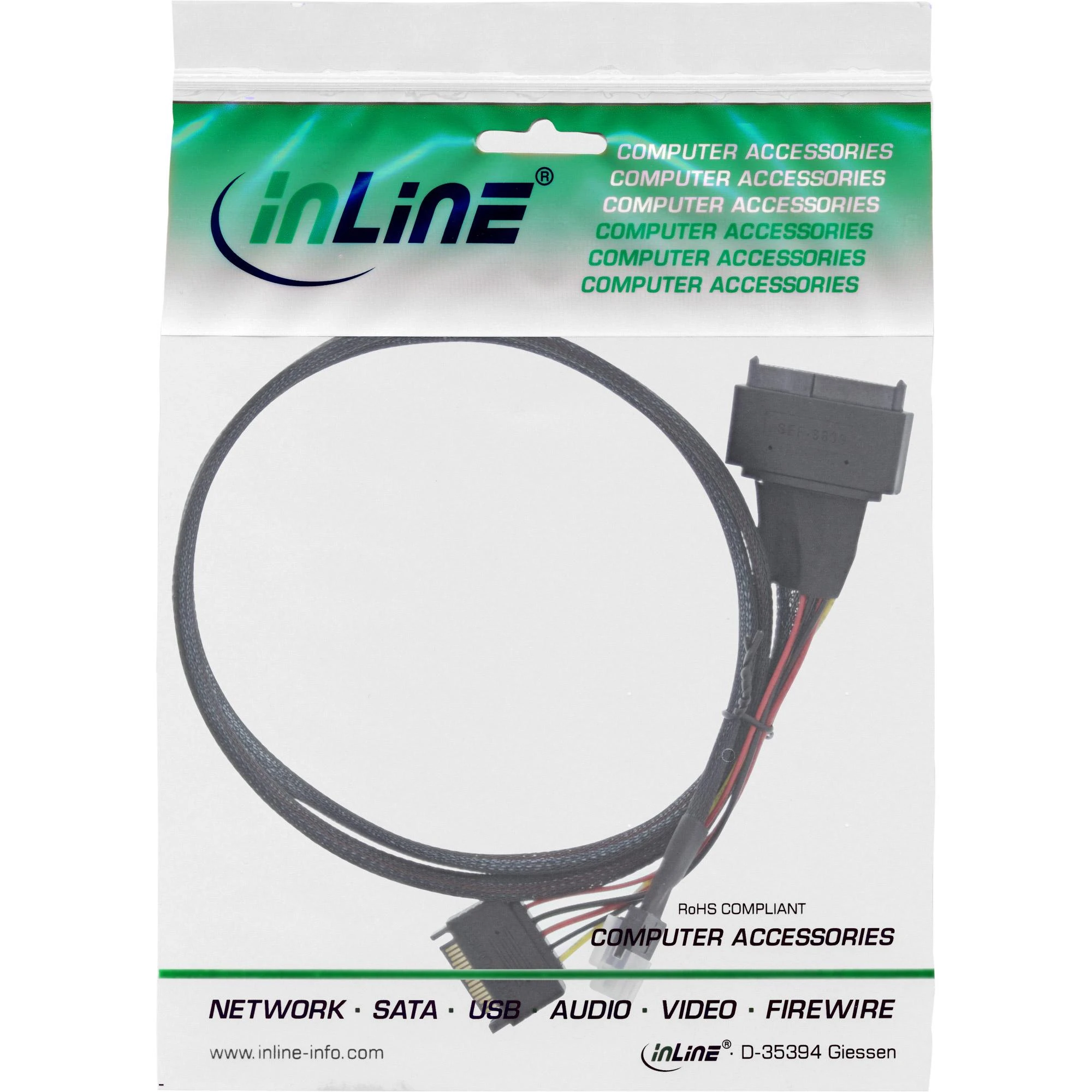 InLine ® Plonas SAS laidas, SFF-8654 į U.2 SFF-8639 + SATA maitinimas, 24Gb/s, 1m