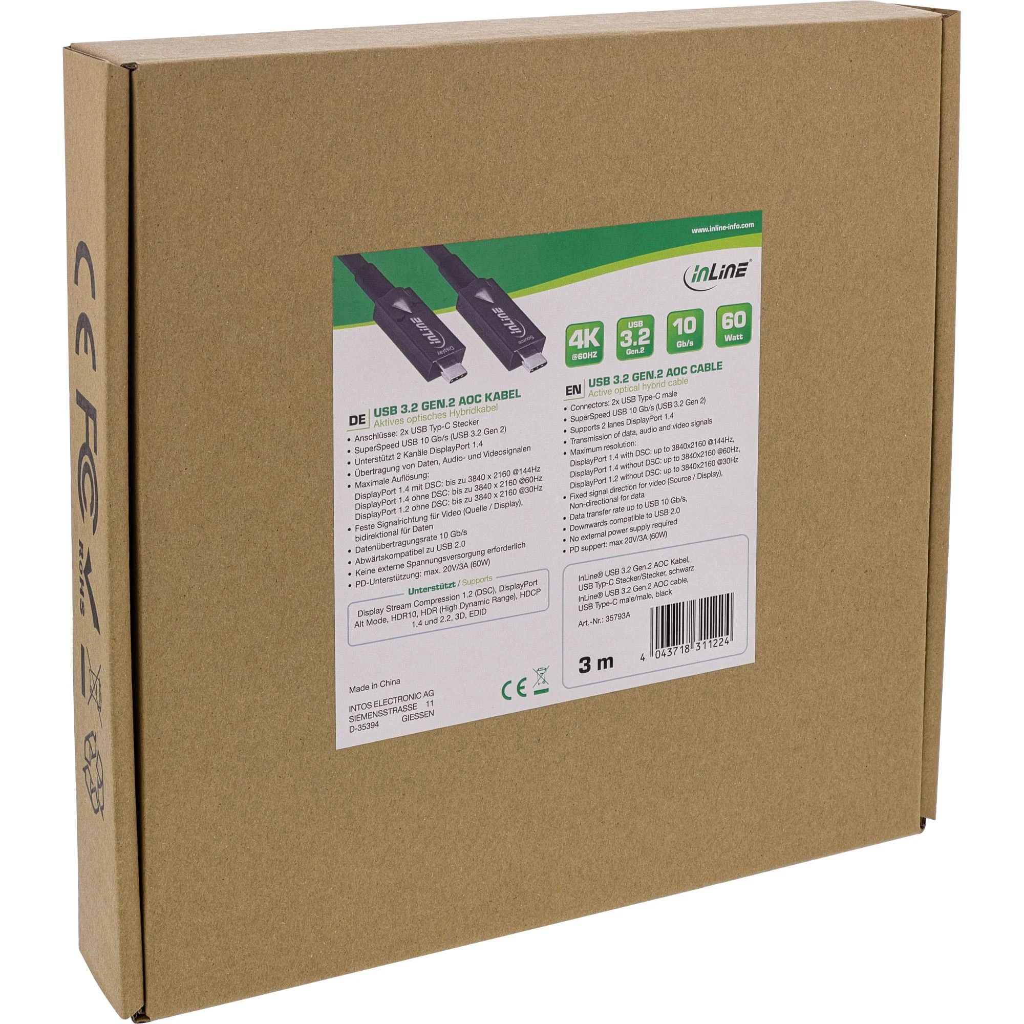 Kabelis USB InLine USB-C - USB-C 3 m Juodas (35793A)