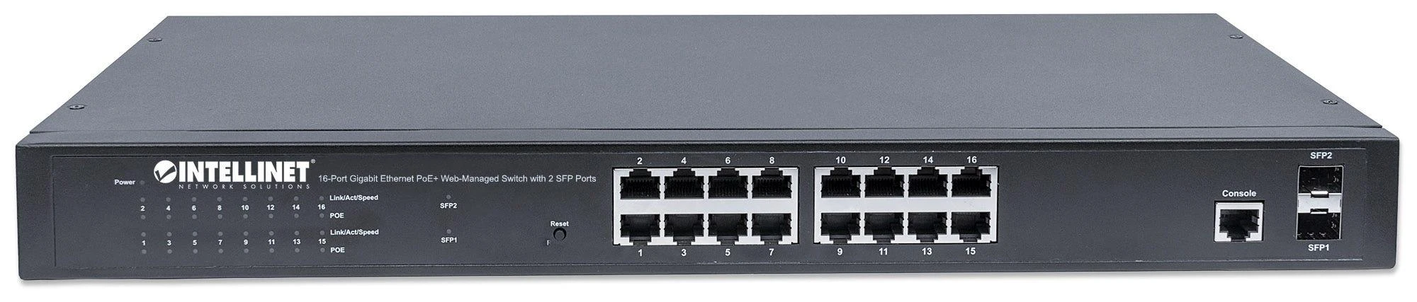 Šakotuvas Intellinet 561198 Gigabito komutatorius 16x RJ45 PoE+, 2x SFP lizdas