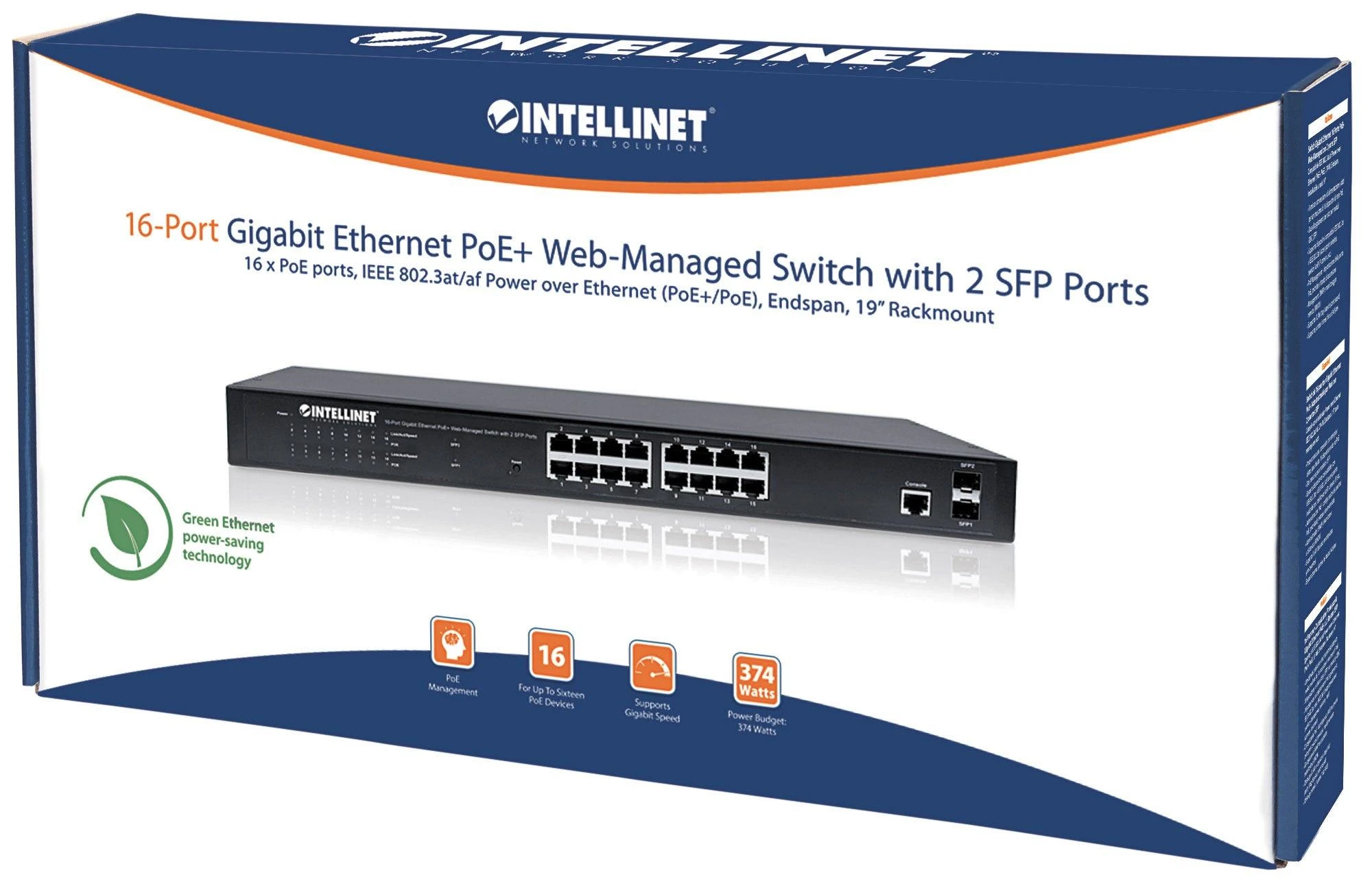 Šakotuvas Intellinet 561198 Gigabito komutatorius 16x RJ45 PoE+, 2x SFP lizdas