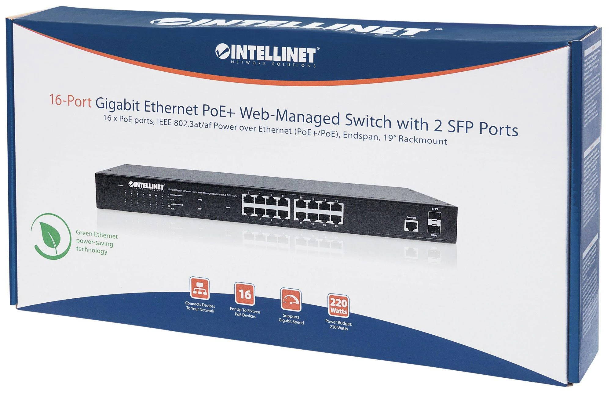 Šakotuvas Intellinet 561341 Switch 16p Gigabit POE+ 2x SFP