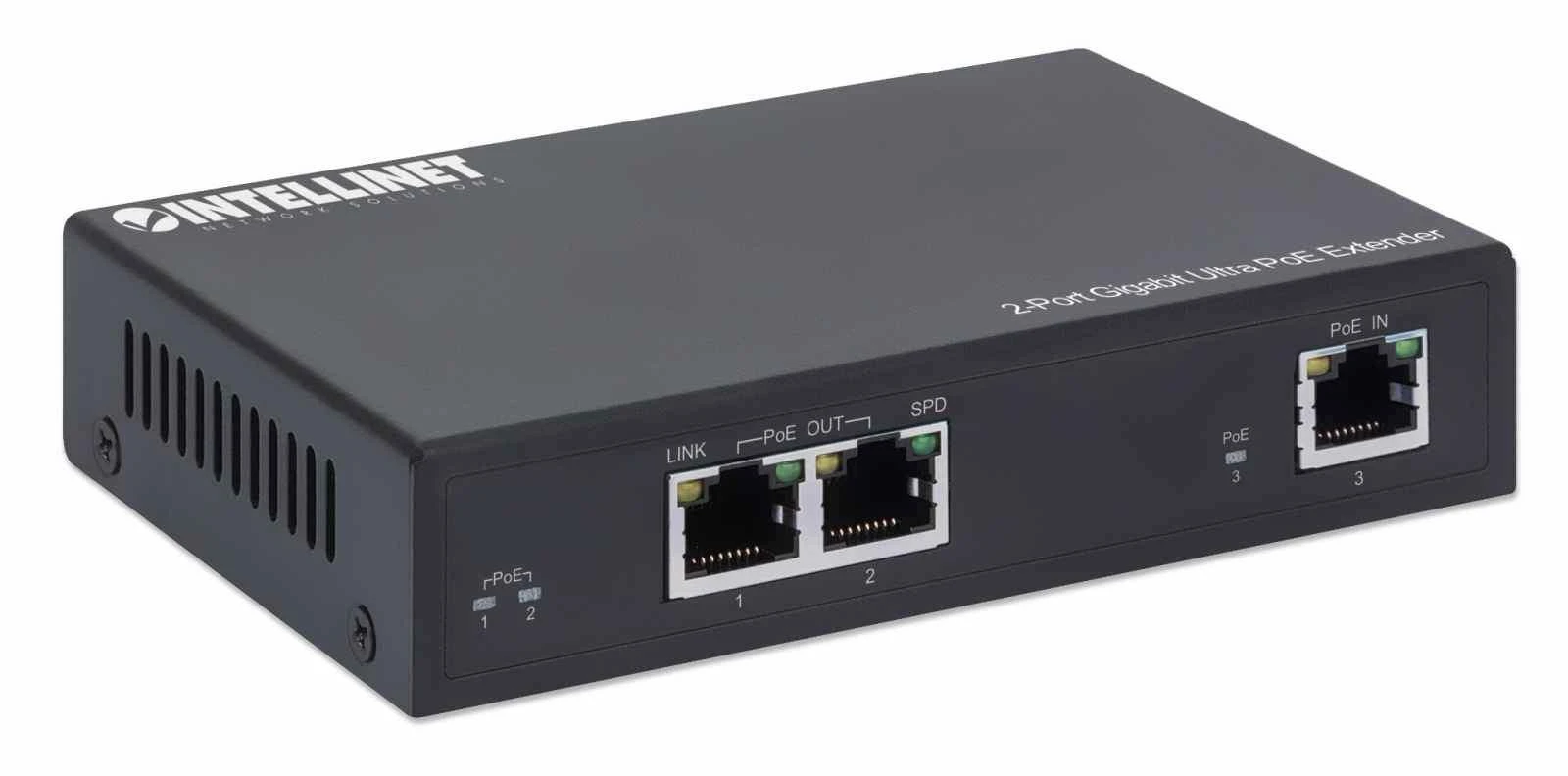 Intracom INTELLINET 2-port Gigabit Ultra PoE plėstuvas Prideda iki 100m 328ft prie PoE diapazono PoE maitinimo biudžeto 60W 2x PSE prievadai IEEE 802.3bt/at/af