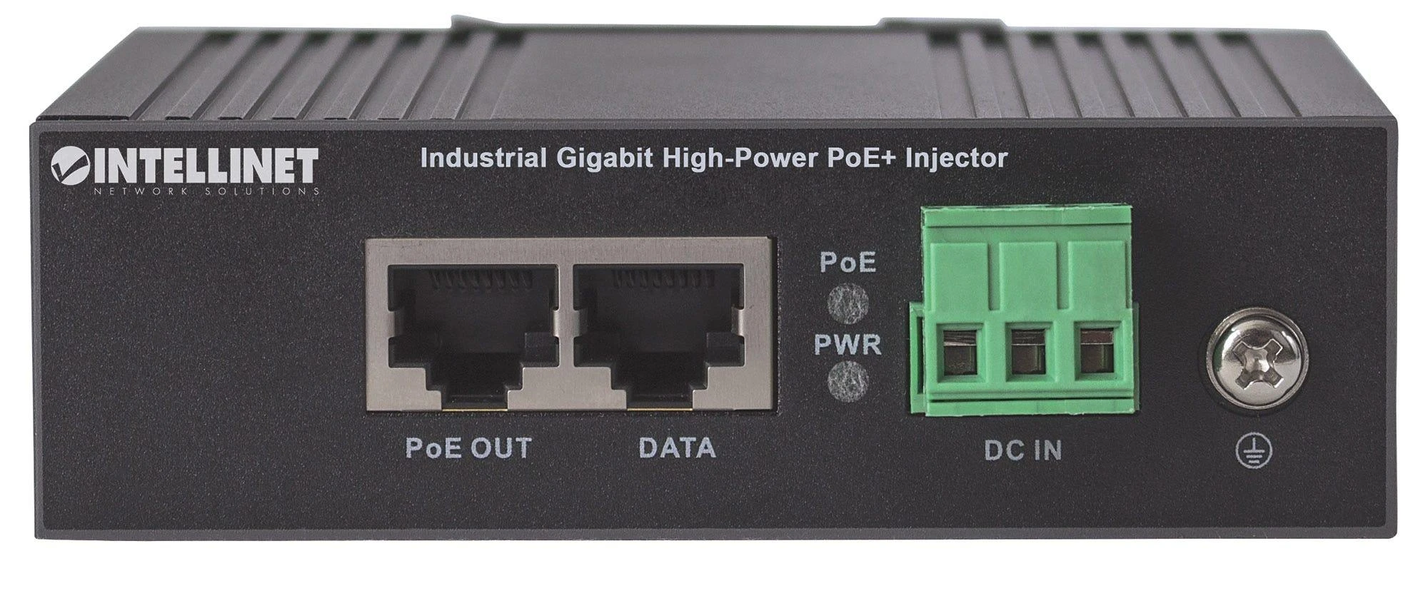 Intellinet PoE+ purkštukas: priekinis skydelis su jungtimis