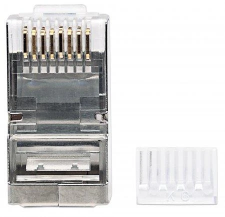 Intracom INTELLINET Cat6a RJ45 Moduliniai kištukai STP 3 šakų tvirtai vielai 90 kištukų indelyje skaidriai