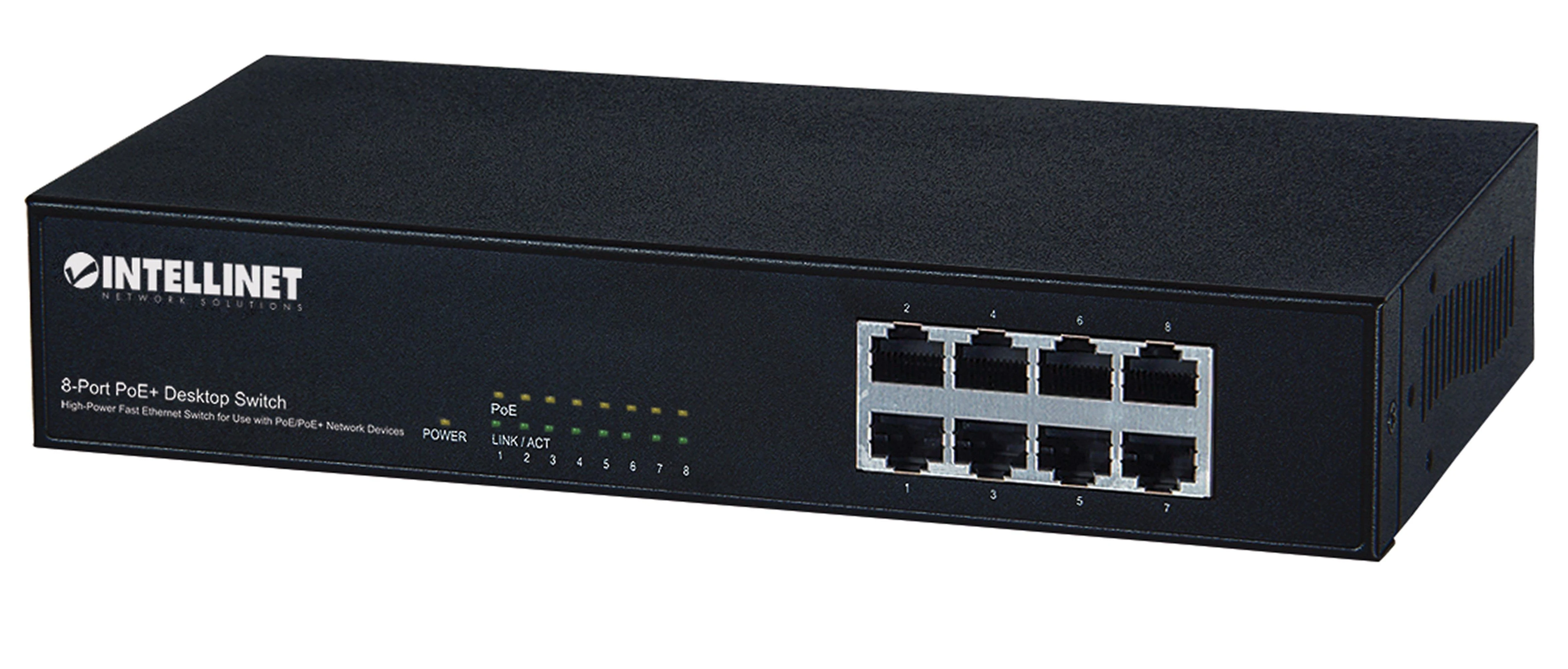 Šakotuvas Intellinet 560764 Komutatorius PoE/PoE+ 8x RJ45 10/100Mbps, ENDSPAN, metalinis korpusas