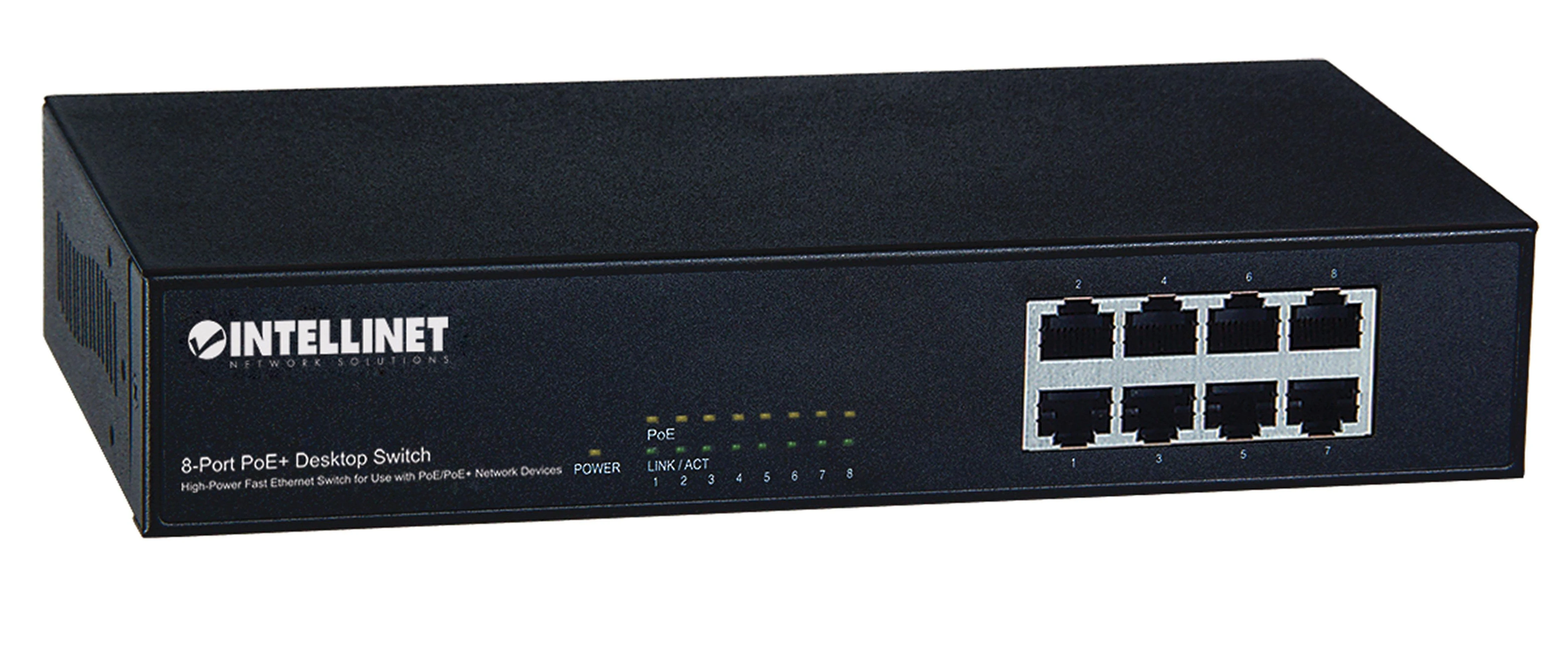 Šakotuvas Intellinet 560764 Komutatorius PoE/PoE+ 8x RJ45 10/100Mbps, ENDSPAN, metalinis korpusas