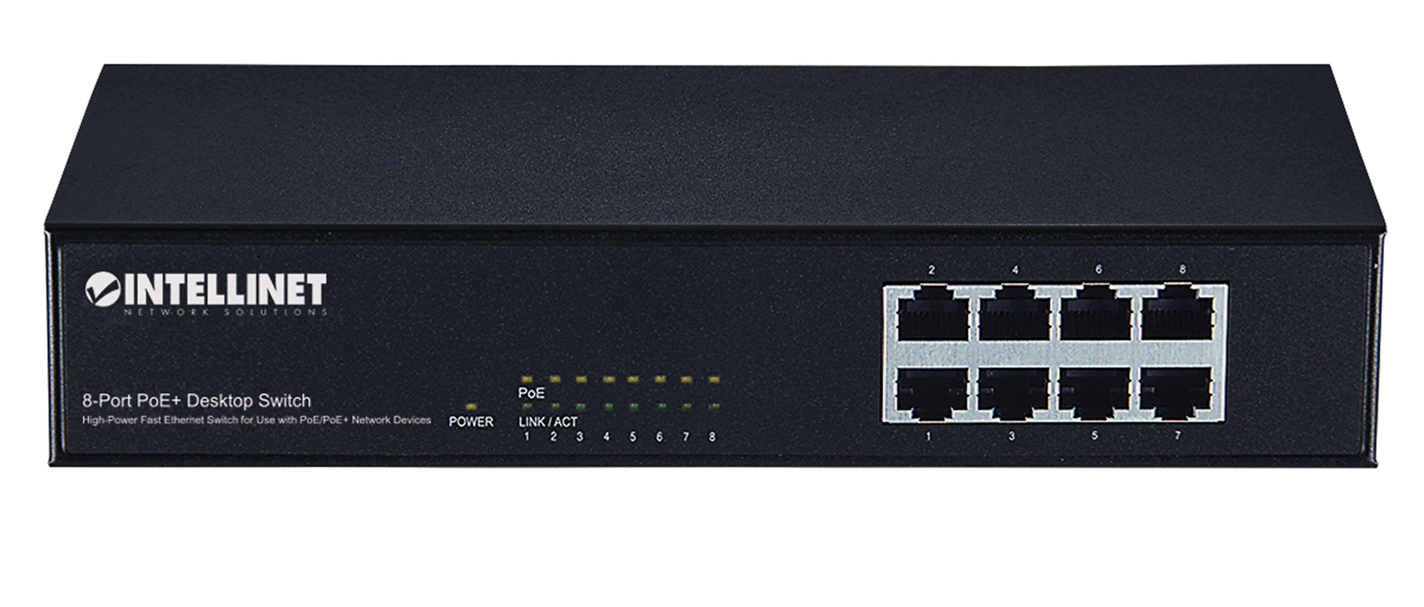 Šakotuvas Intellinet 560764 Komutatorius PoE/PoE+ 8x RJ45 10/100Mbps, ENDSPAN, metalinis korpusas