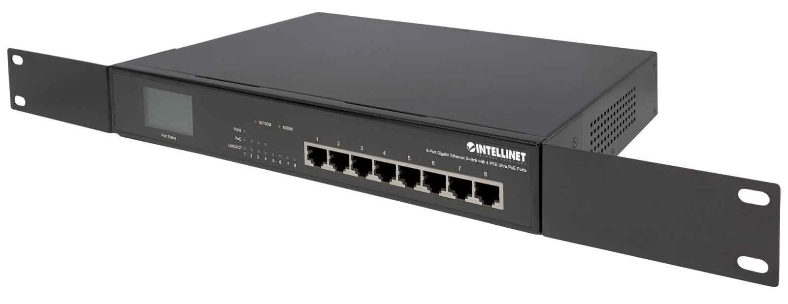 Šakotuvas Intellinet 561310 GIGABIT komutatorius, 8x RJ45, įskaitant 4x „Ultra PoE“, LCD ekranas