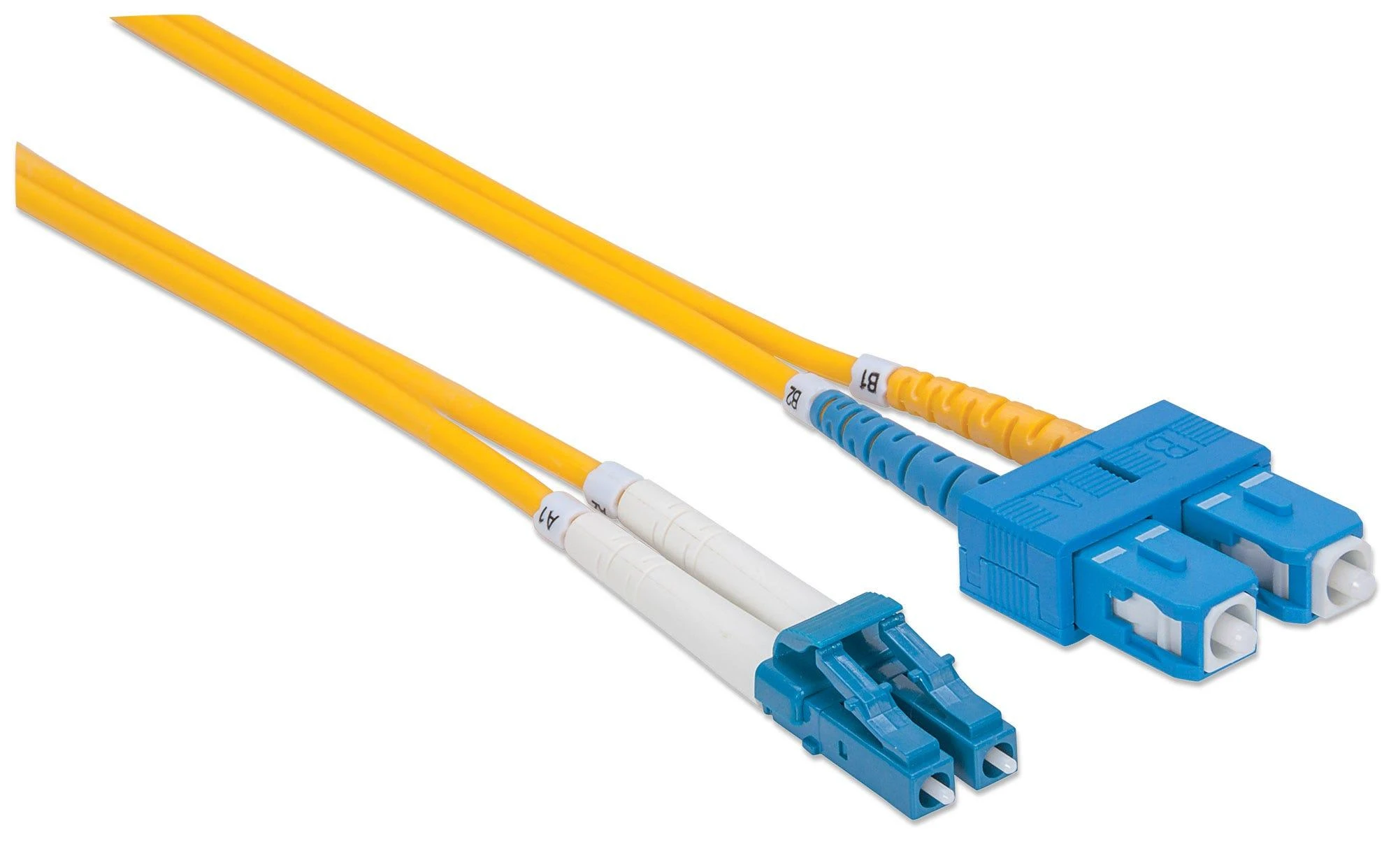 INTELLINET 1,0 m LC į SC UPC Fiber Optic Komutacinis kabelis, 3,0 mm, Duplex, LSZH, OS2 Singlemode, Geltona 9/125 µm, 3 ft., 473965