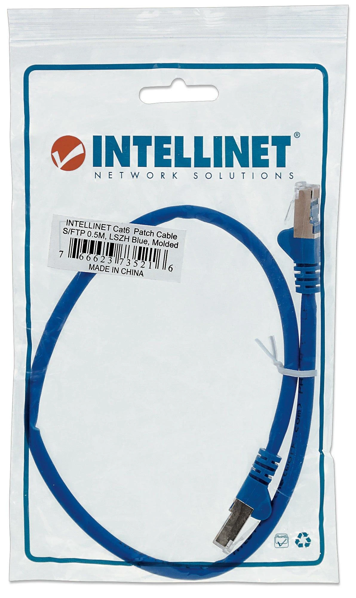 Mėlynas INTELLINET LSOH tinklo kabelis, Cat6, SFTP RJ45 vyriškas / RJ45 vyriškas, 0,5 m (1,5 pėdos), Mėlyna, 735216