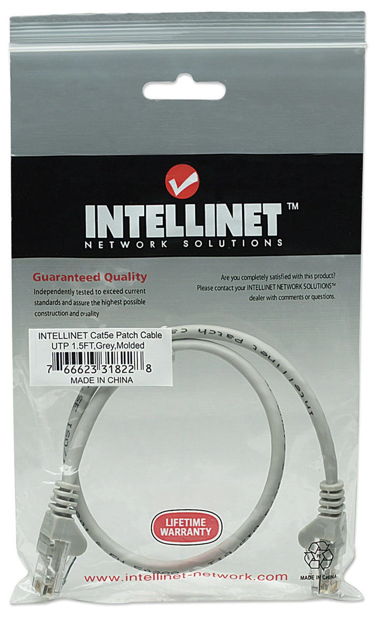 Intracom INTELLINET tinklo kabelis Cat5e U/UTP 0.5m 1.5ft. Pilki RJ-45 Vyriški / RJ-45 Vyriški Paauksuoti kontaktai.