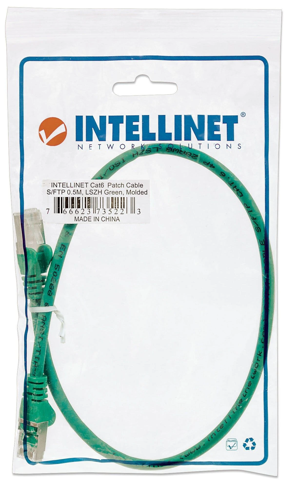 INTELLINET LSOH tinklo kabelis, Cat6, SFTP RJ45 kištukas / RJ45 kištukas, 0,5 m (1,5 pėdos), žalias, 735223