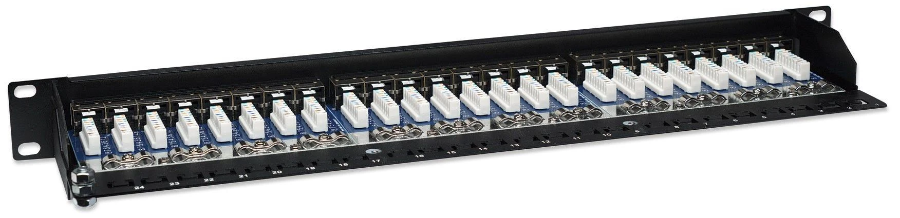 Intellinet 513487 Komutacinė panelė STP Cat5e 1U 24 prievadų RJ45, juoda