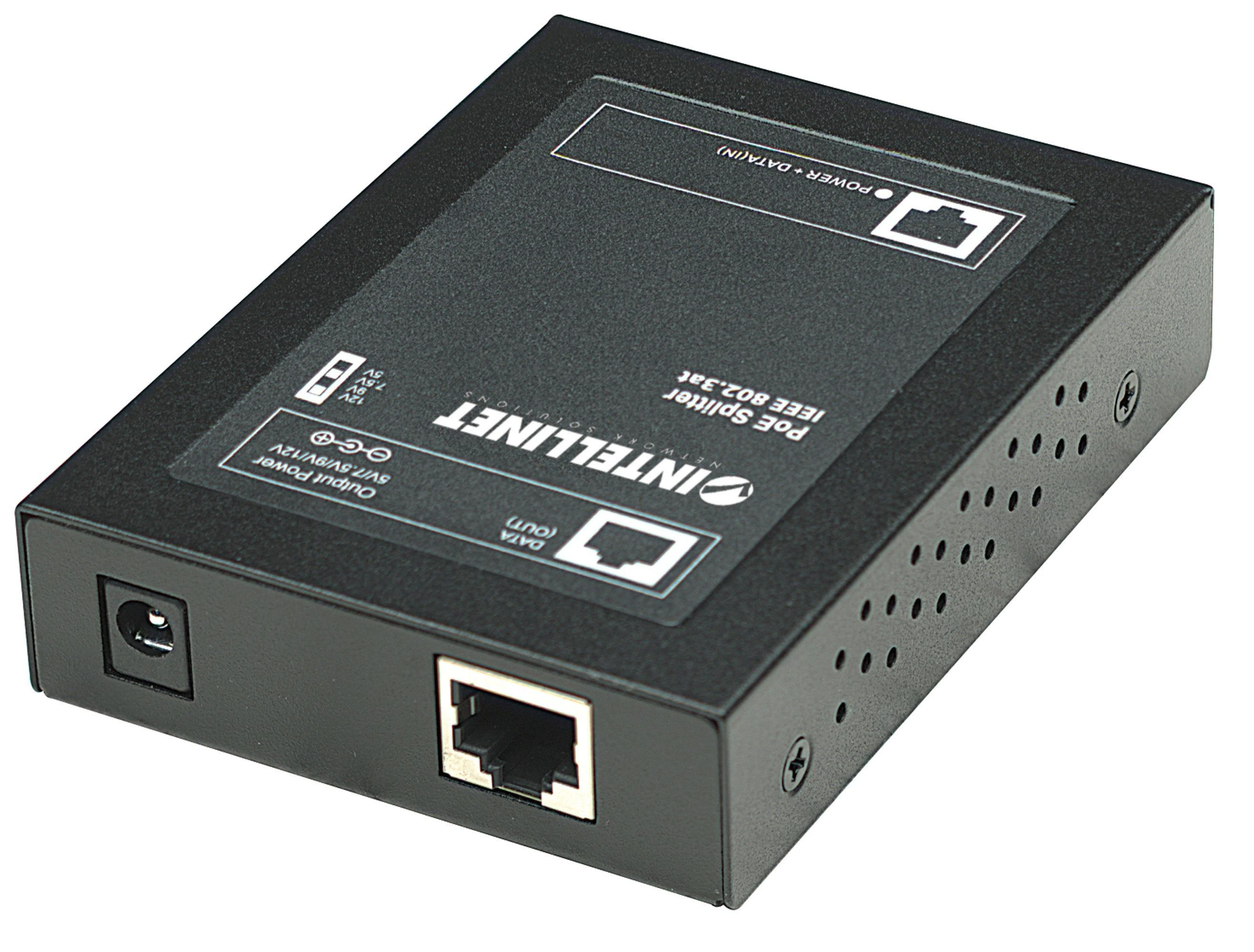 Šakotuvas „Intellinet Power over Ethernet“ (PoE+) skirstytuvas, IEEE802.3at, 5, 7,5, 9 arba 12 V nuolatinės srovės išėjimo įtampa