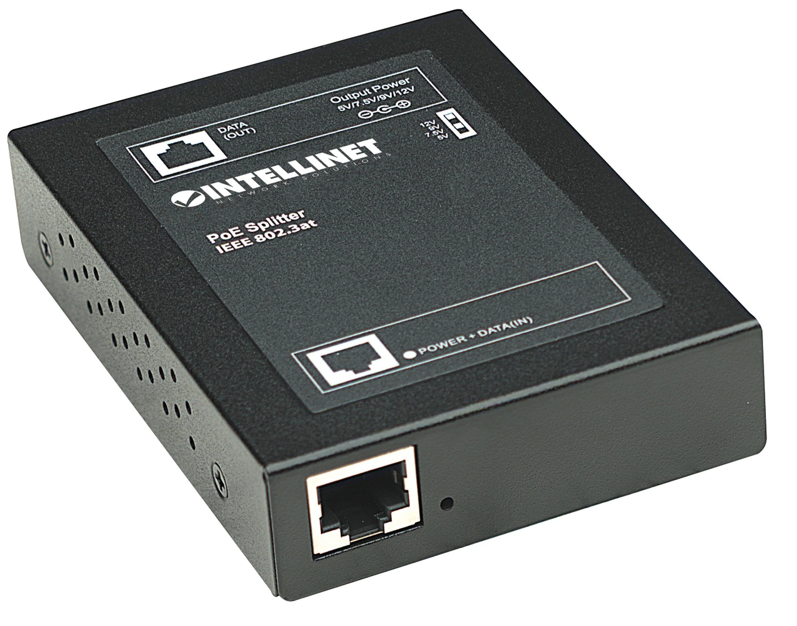 Šakotuvas „Intellinet Power over Ethernet“ (PoE+) skirstytuvas, IEEE802.3at, 5, 7,5, 9 arba 12 V nuolatinės srovės išėjimo įtampa