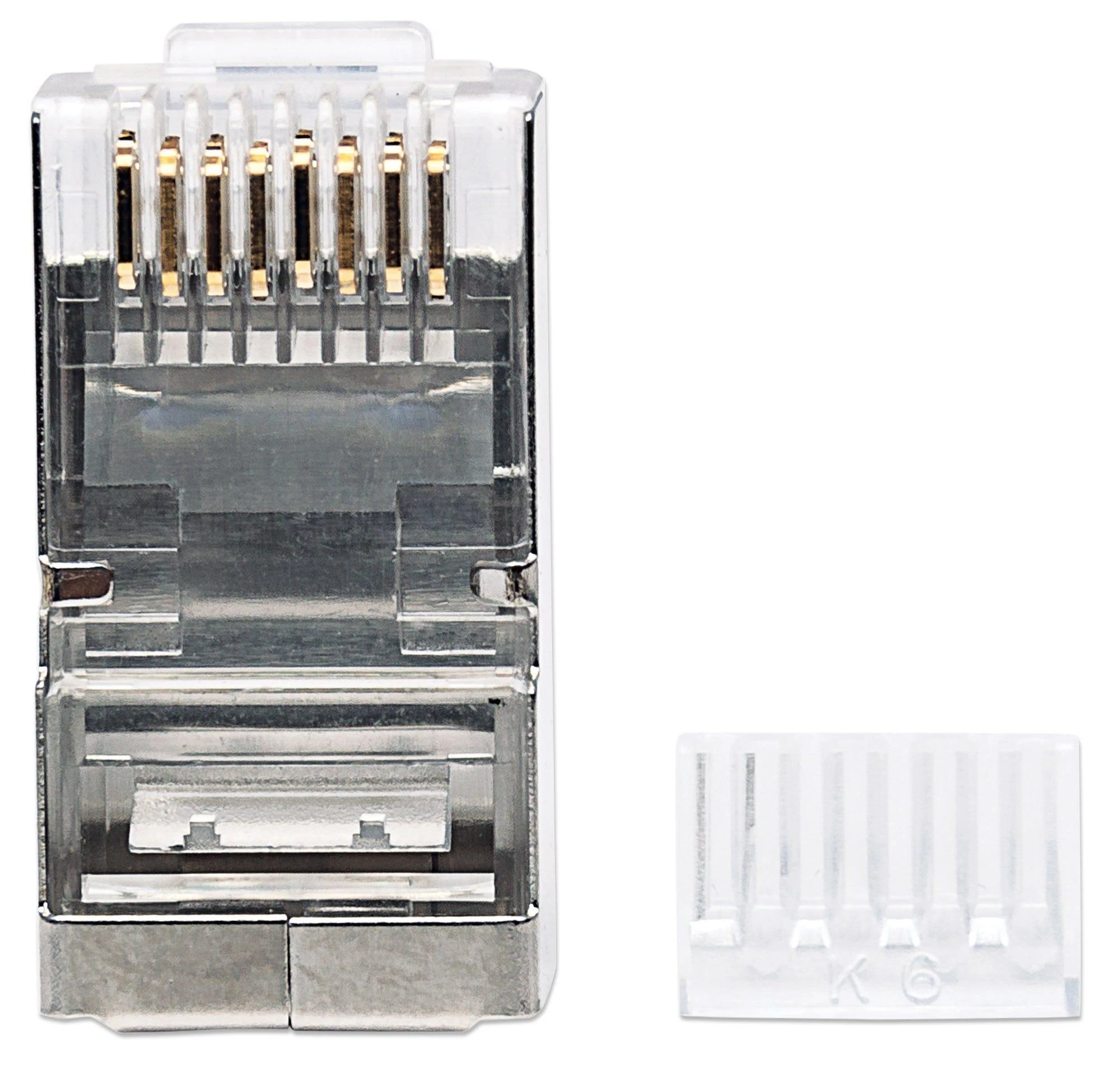Intracom INTELLINET Cat6a RJ45 Moduliniai kištukai STP 3 šakų tvirtai vielai 90 kištukų indelyje skaidriai