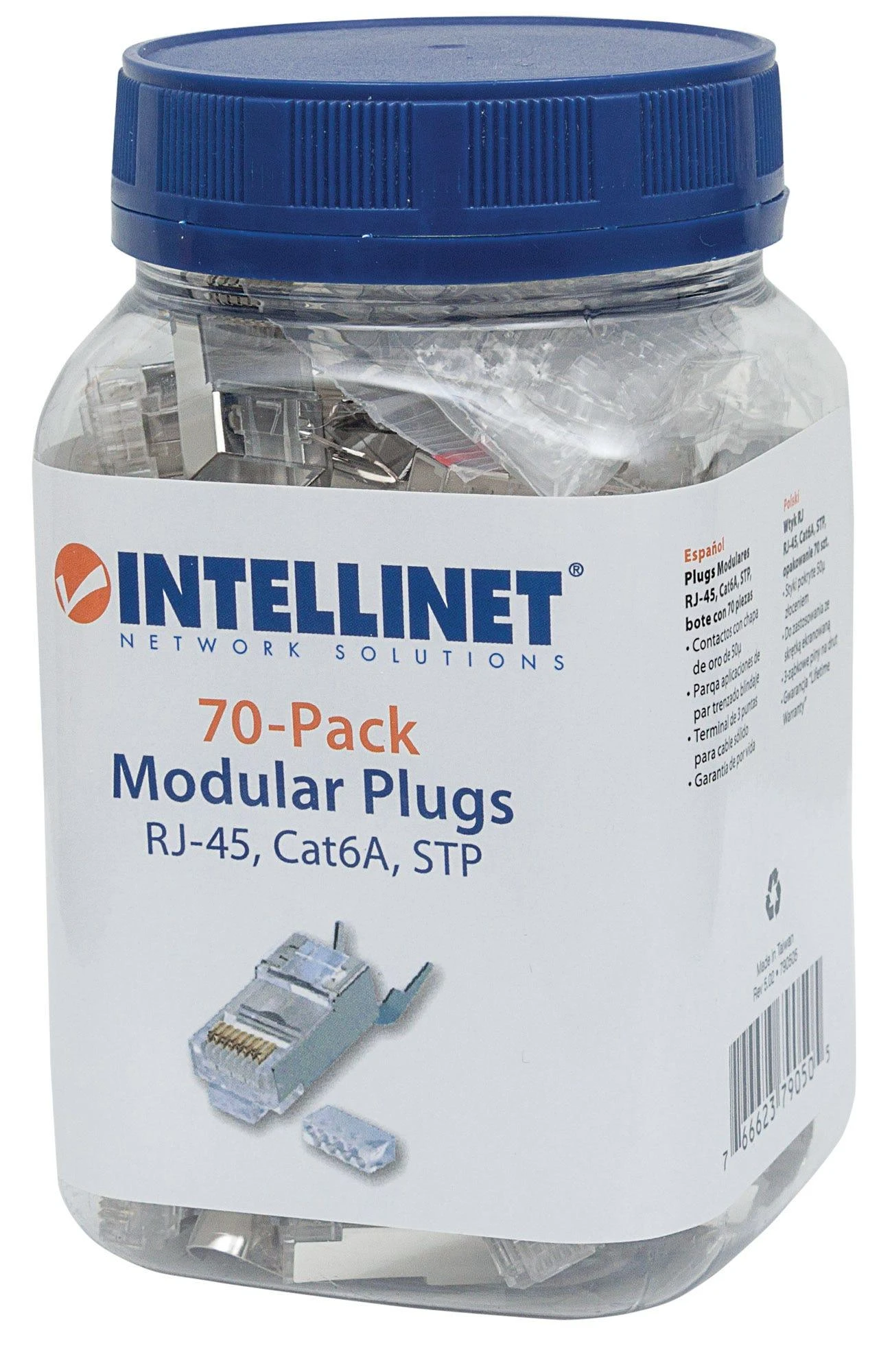 Intracom INTELLINET Cat6a RJ45 Moduliniai kištukai STP 3 šakų tvirtai ir suvytinei vielai 70 kištukų skaidriame stiklainyje