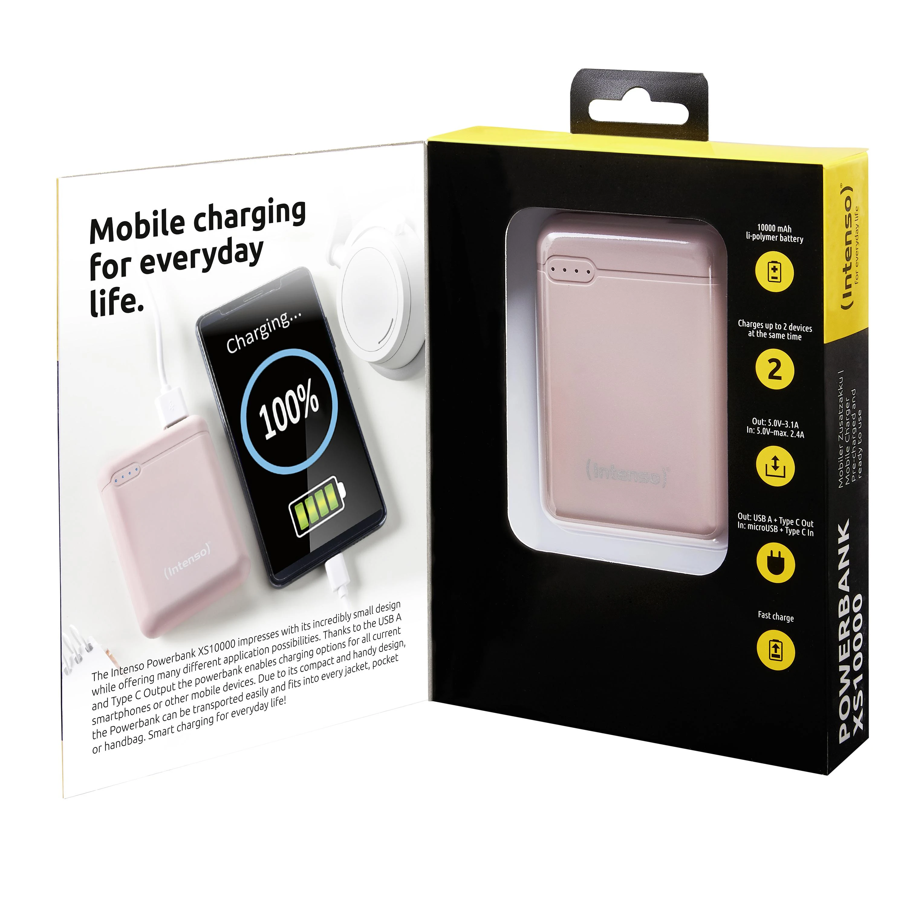 Intenso Powerbank XS10000 rose 10000 mAh su įsk. USB nuo A iki C tipo