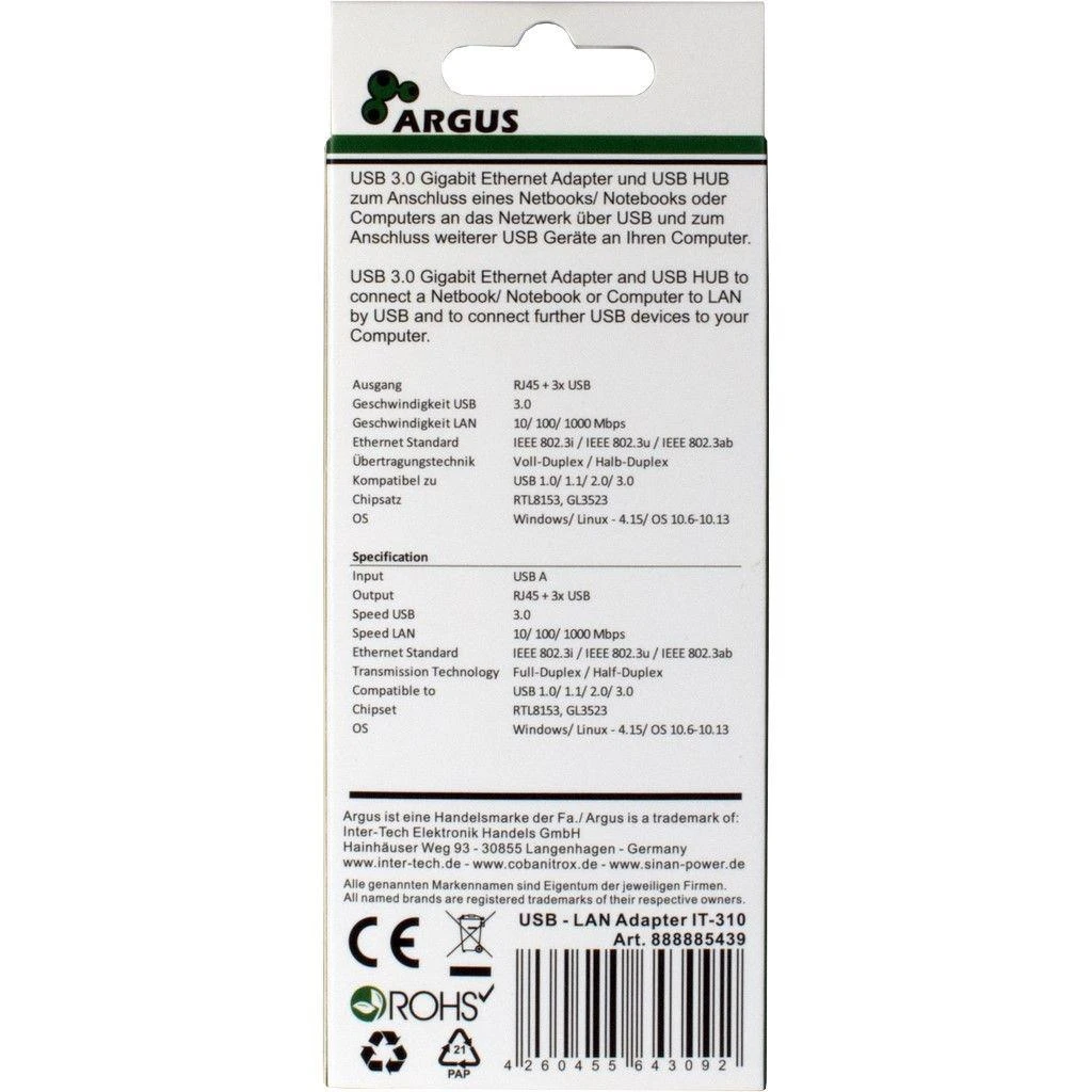 Inter tech HUB USB Argus Argus 1x RJ-45 + 3x USB-A 3.0 (88885439)