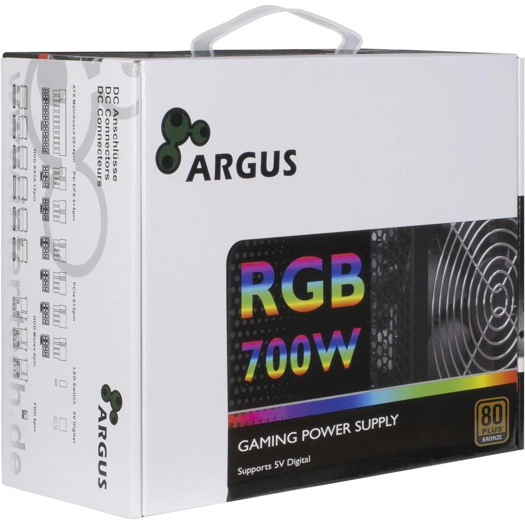 Maitinimo šaltinis INTER-TECH Argus RGB, 80PLUS Bronze, 700W, mažmeninė prekyba, 1x140 ventiliatorius, 1x20+4Pin, 4+4Pin,2xPCI-e 6+2Pin, 3x4Pin (Molex), 6xSATA, 1xFDD, rev 2.