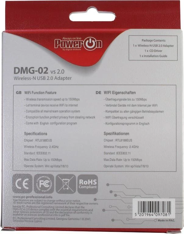 Inter tech „PowerOn DMG-02 WiFi USB Nano“ adapteris.