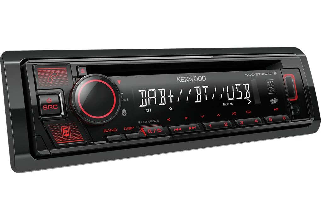 Kenwood KDC-BT450DAB su raudonu apšvietimu