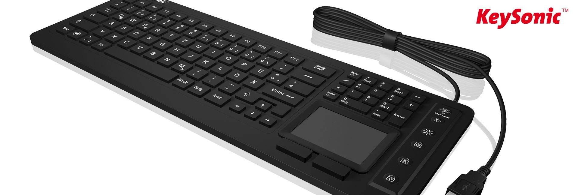 Klaviatūra „KeySonic KSK-6231INEL“ (DE) pramoninis jutiklinis planšetinis kompiuteris su W sandarikliu