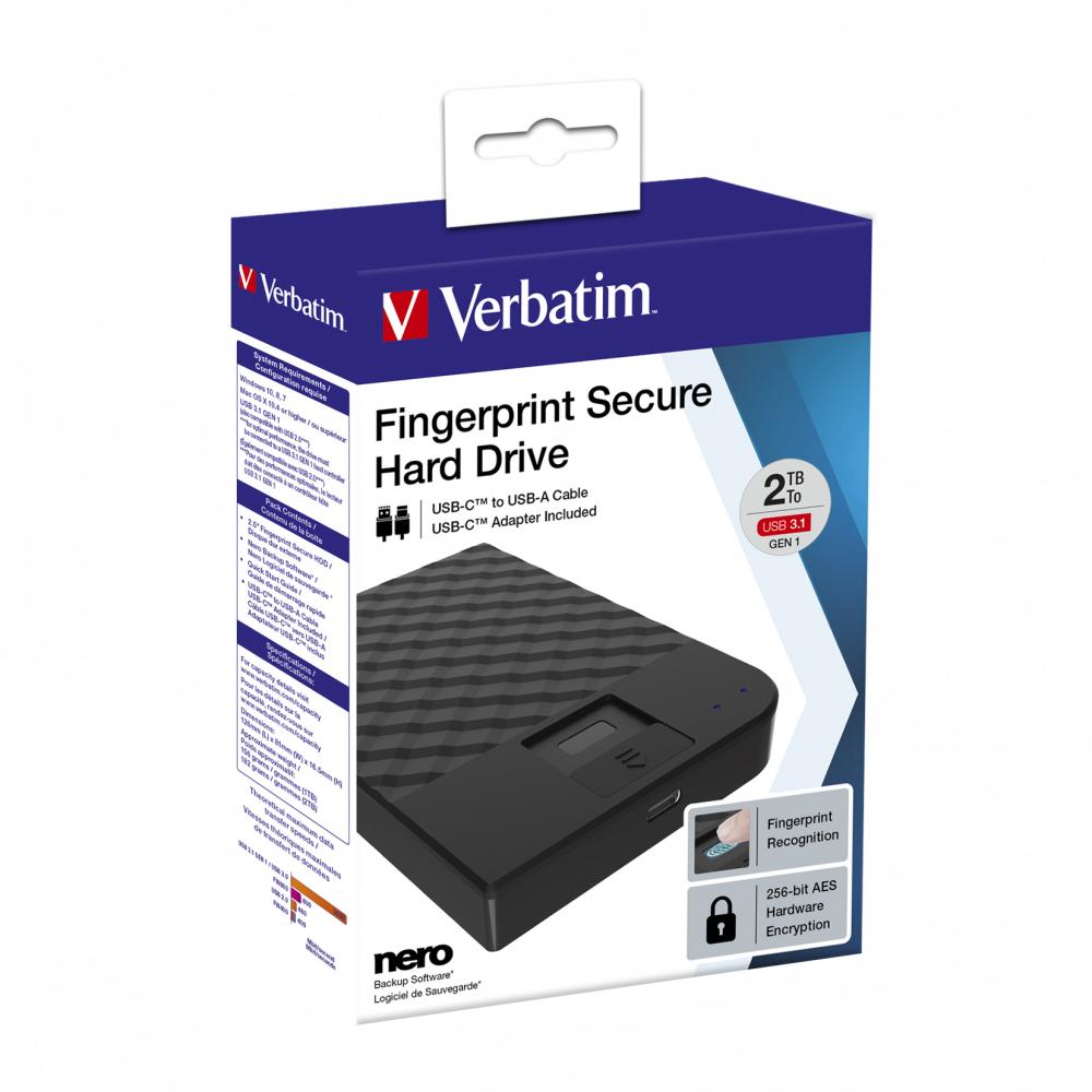 Kietasis diskas Išorinis standusis diskas Verbatim Fingerprint Secure, 2TB, USB Type-C 3.2 Gen 1 (3.1 Gen 1), juodas