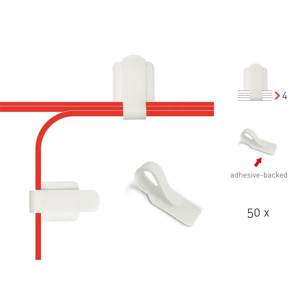 RAM LABEL THE CABLE PRO sieninis kabelių laikiklis su lipnia juosta, 50 dalių rinkinys – baltos spalvos
