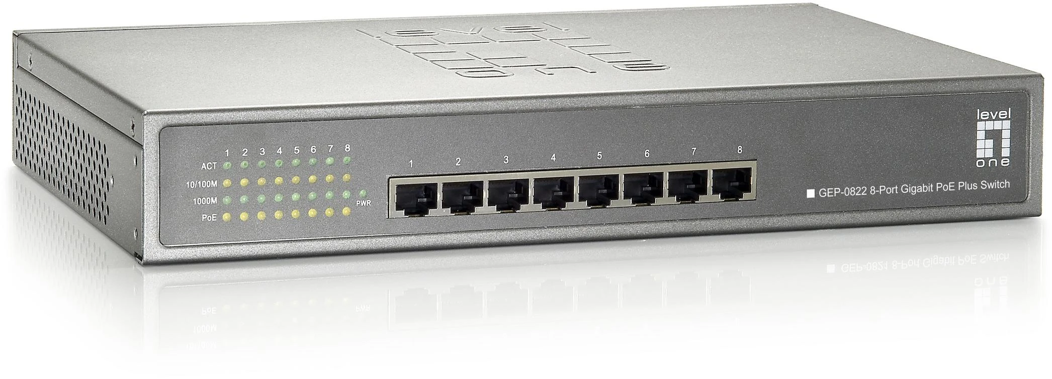 Šakotuvas Level One Carruzzo LevelOne GEP-0822 tinklo komutatorius Gigabit Ethernet (10/100/1000) Maitinimas per Ethernetą (PoE) Pilka