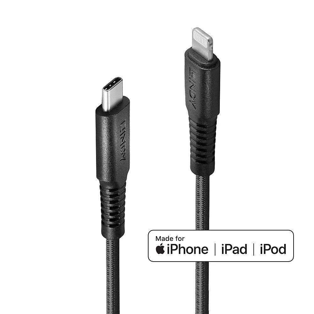 USB Laidas - LINDY Sustiprintas USB Type C į Lightning Laidas, M/M, 480Mbps, 1 m, Juodas