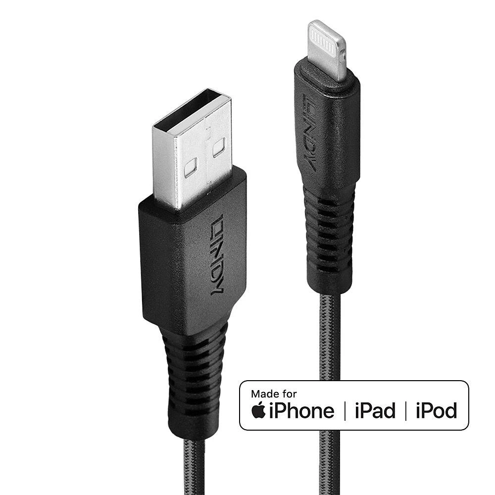 Kabelis - LINDY 1m sustiprintas USB Type A į Lightning kabelis 480Mbps PVC