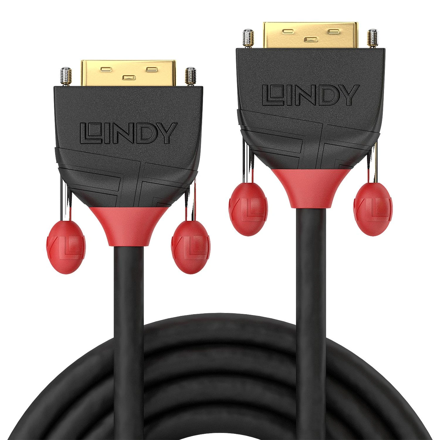 Lindy DVI-D kabelis su auksinėmis jungtimis ir raudonais dangteliais