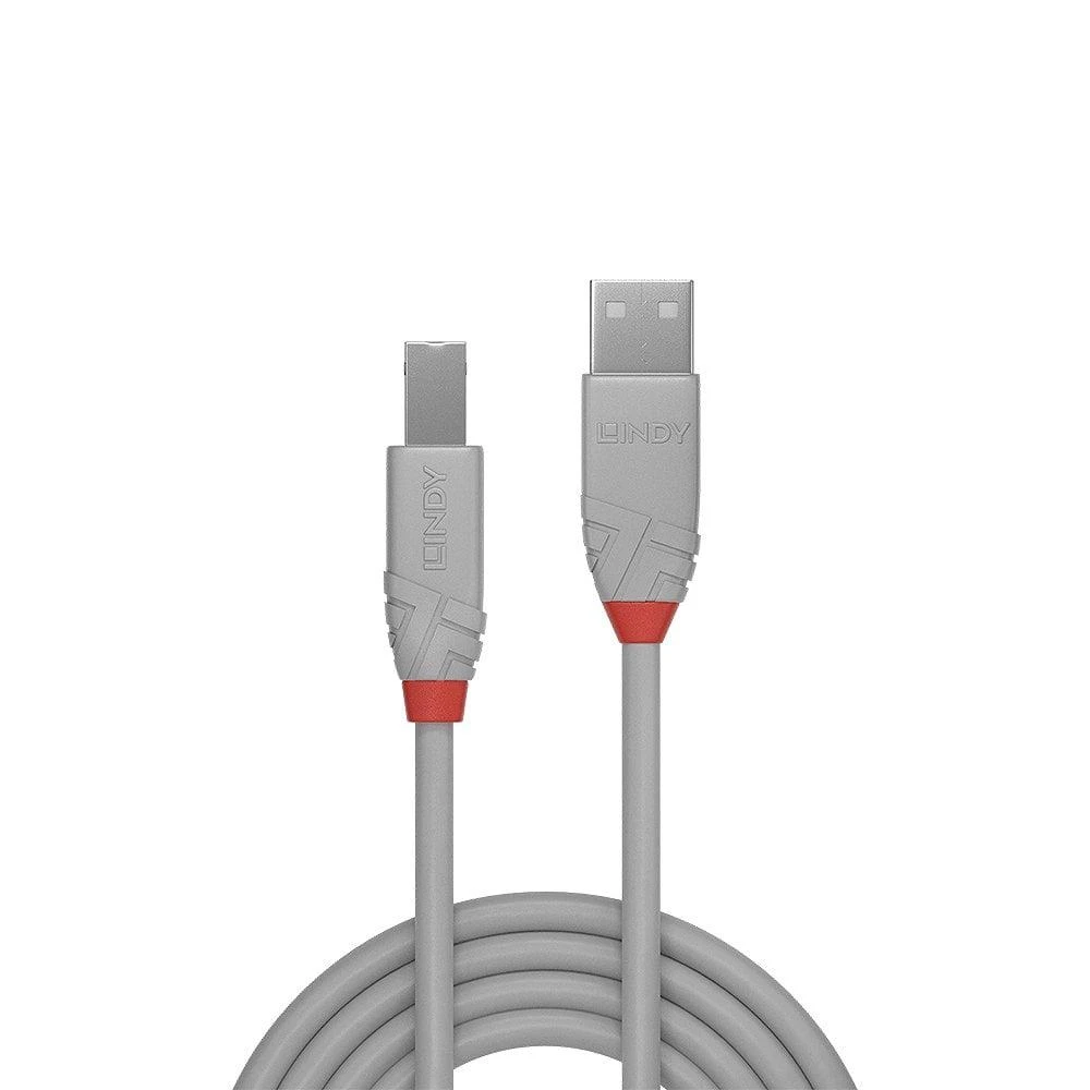 USB Kabelis - LINDY Anthra Line USB 2.0 Type A į B Laidas M/M, 1 m, Pilkas