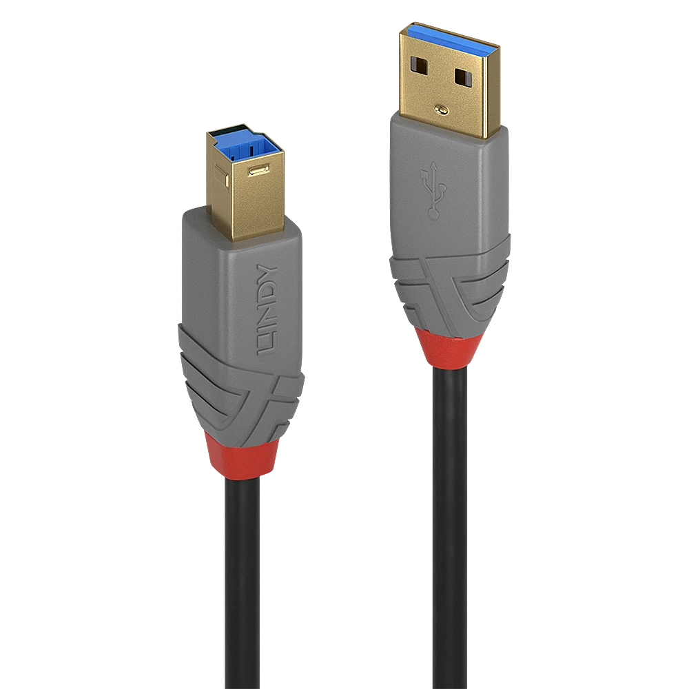 USB Kabelis - LINDY Anthra Line USB 3.2 Type A į B Laidas, M/M, 5Gbps, 5 m, Juodas
