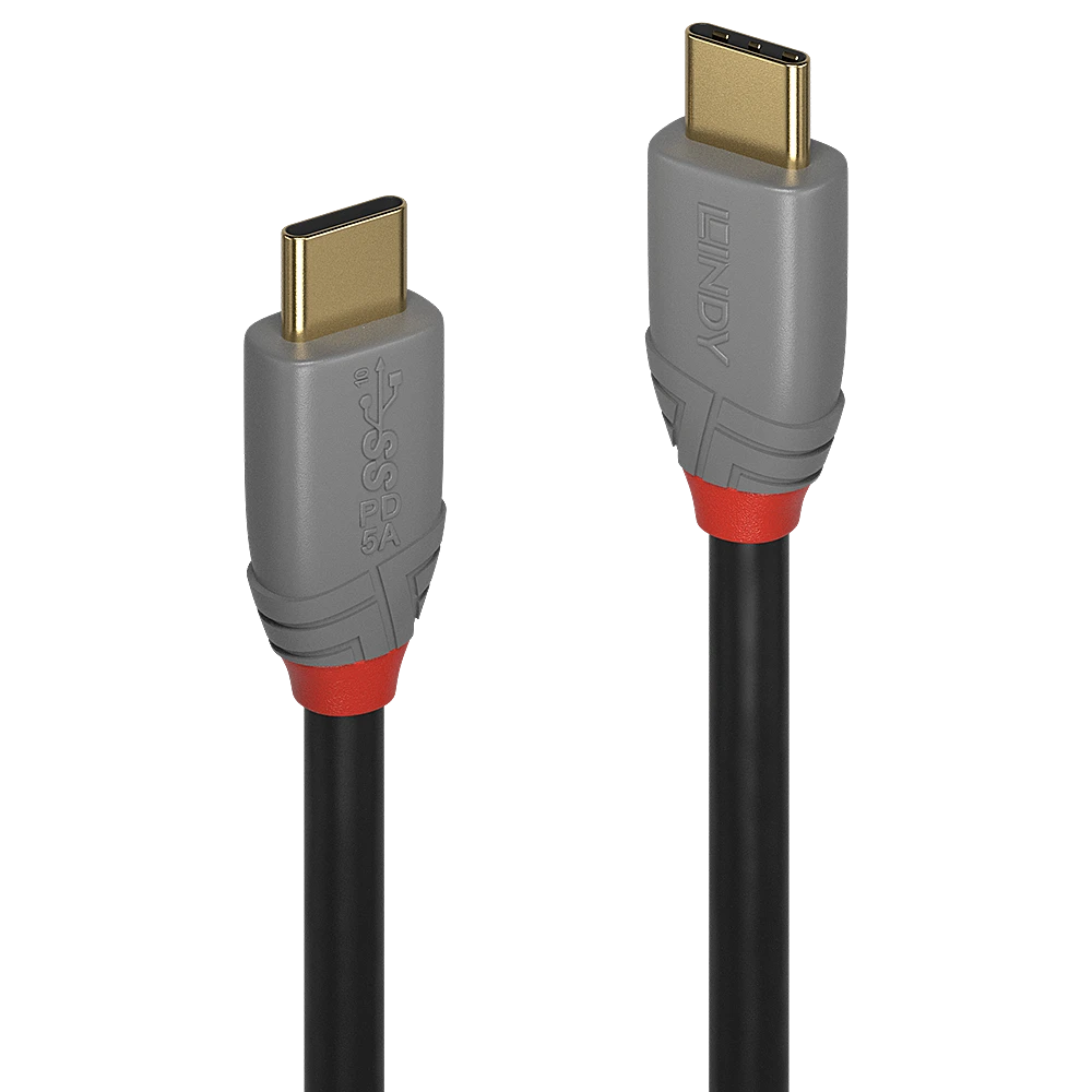 USB Kabelis - LINDY Anthra Line USB 3.2 Type C Laidas, M/M, 20Gbps, 100W PD, 0.5 m, Juodas