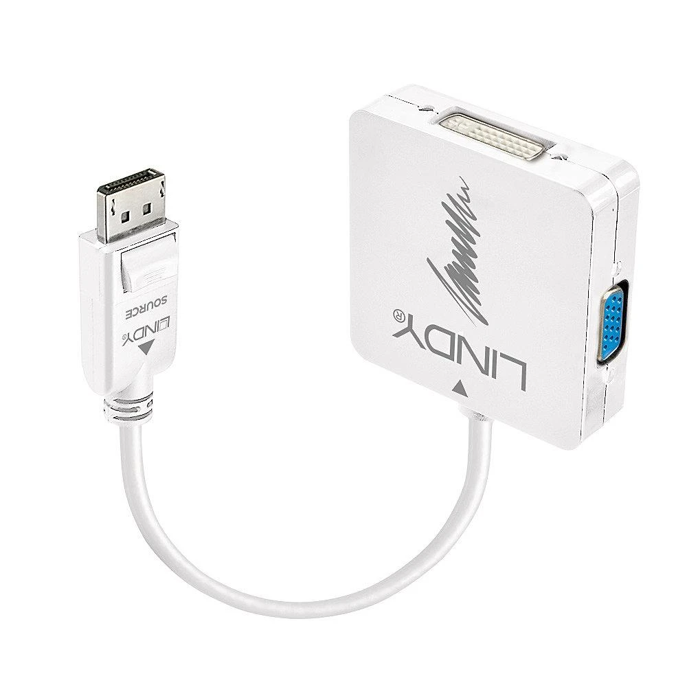 Adapteris - LINDY DisplayPort 1.2 į HDMI, DVI ir VGA Aktyvus Konverteris, 3840x2160 30Hz, Baltas
