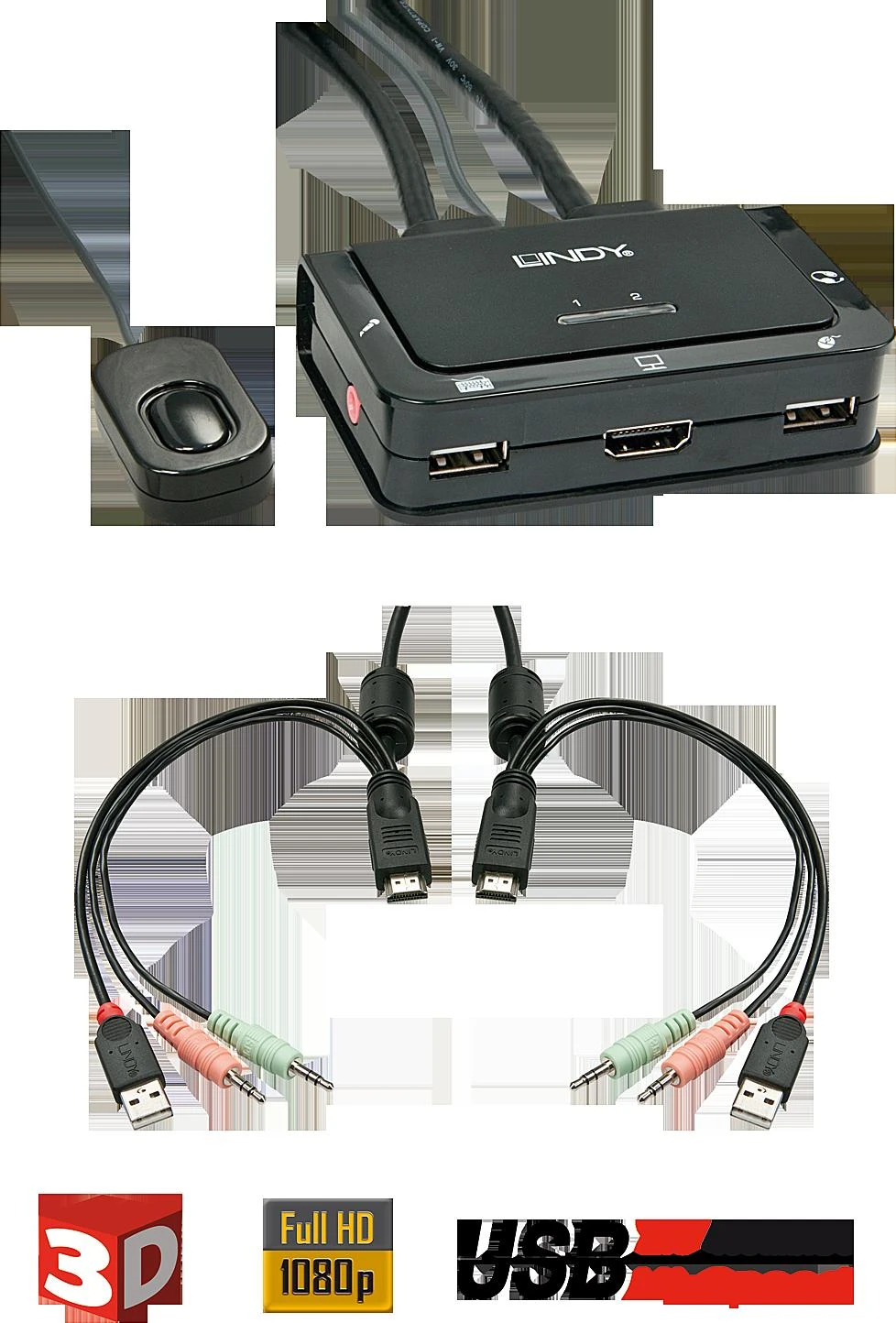 KVM Switch - LINDY 2 Prievadų HDMI 4K30, USB 2.0 Garso KVM Switch, Juodas