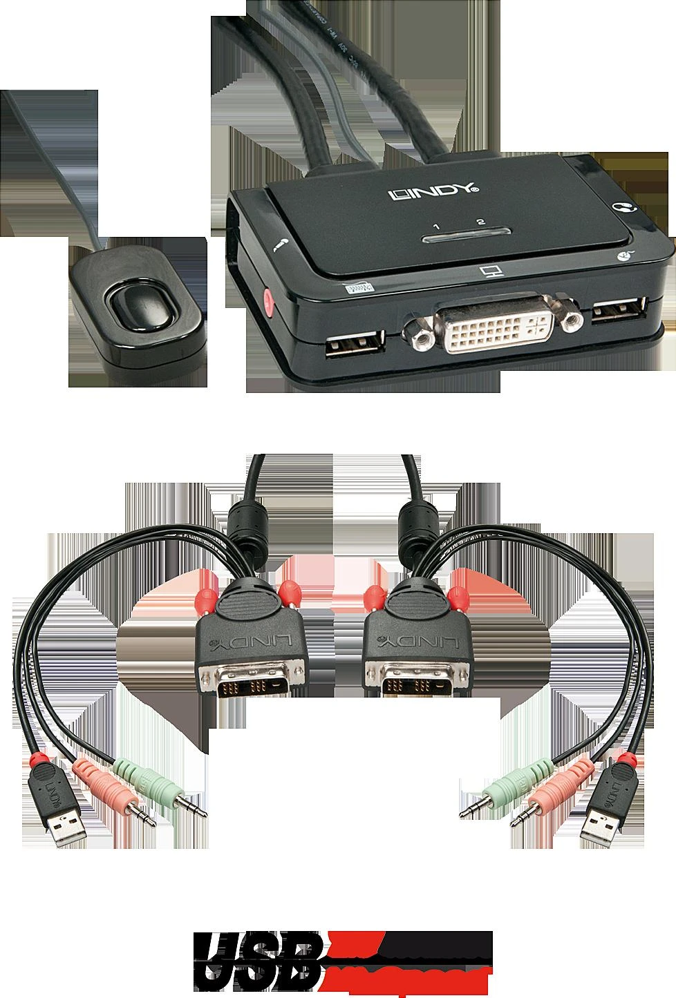 Lindy KVM Jungiklis - 2 Port DVI-D USB 2.0 Garso KVM 1920x1200@60Hz